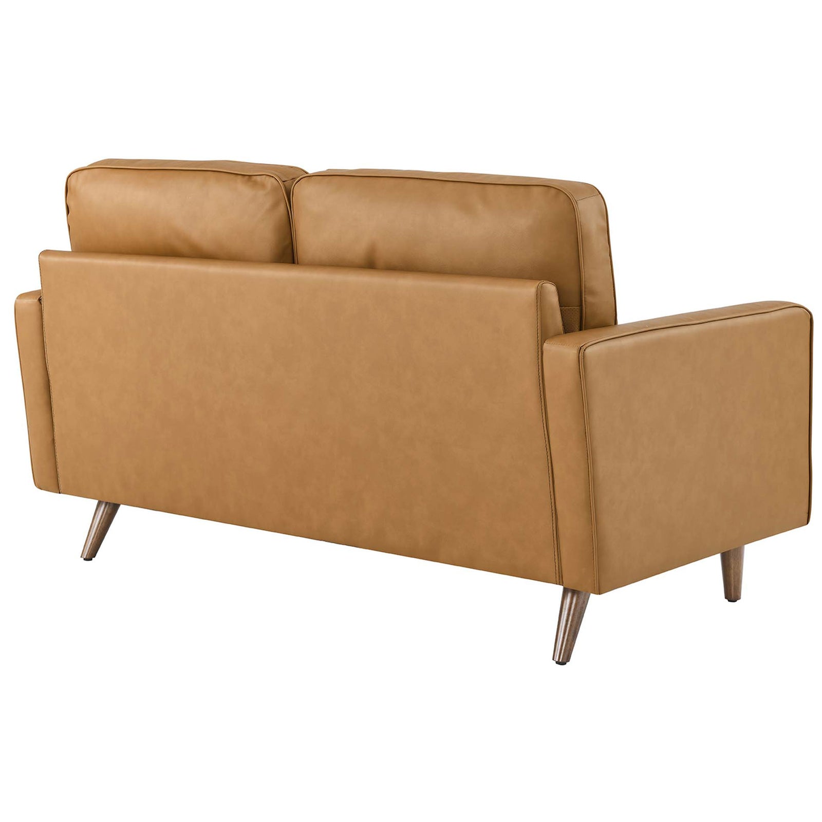 Smooth tan leather backrest on a clean-lined loveseat with round tapered legs || EEI-5870-TAN || back_angle_studio