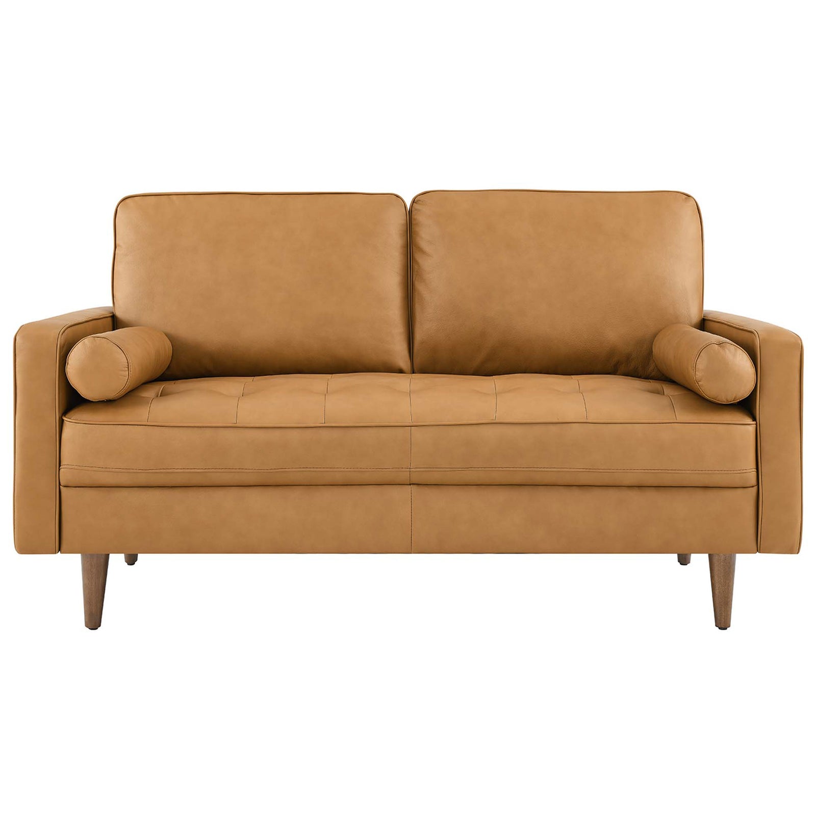 Tan leather loveseat with tufted seat and two matching bolster pillows for refined comfort || EEI-5870-TAN || front_studio