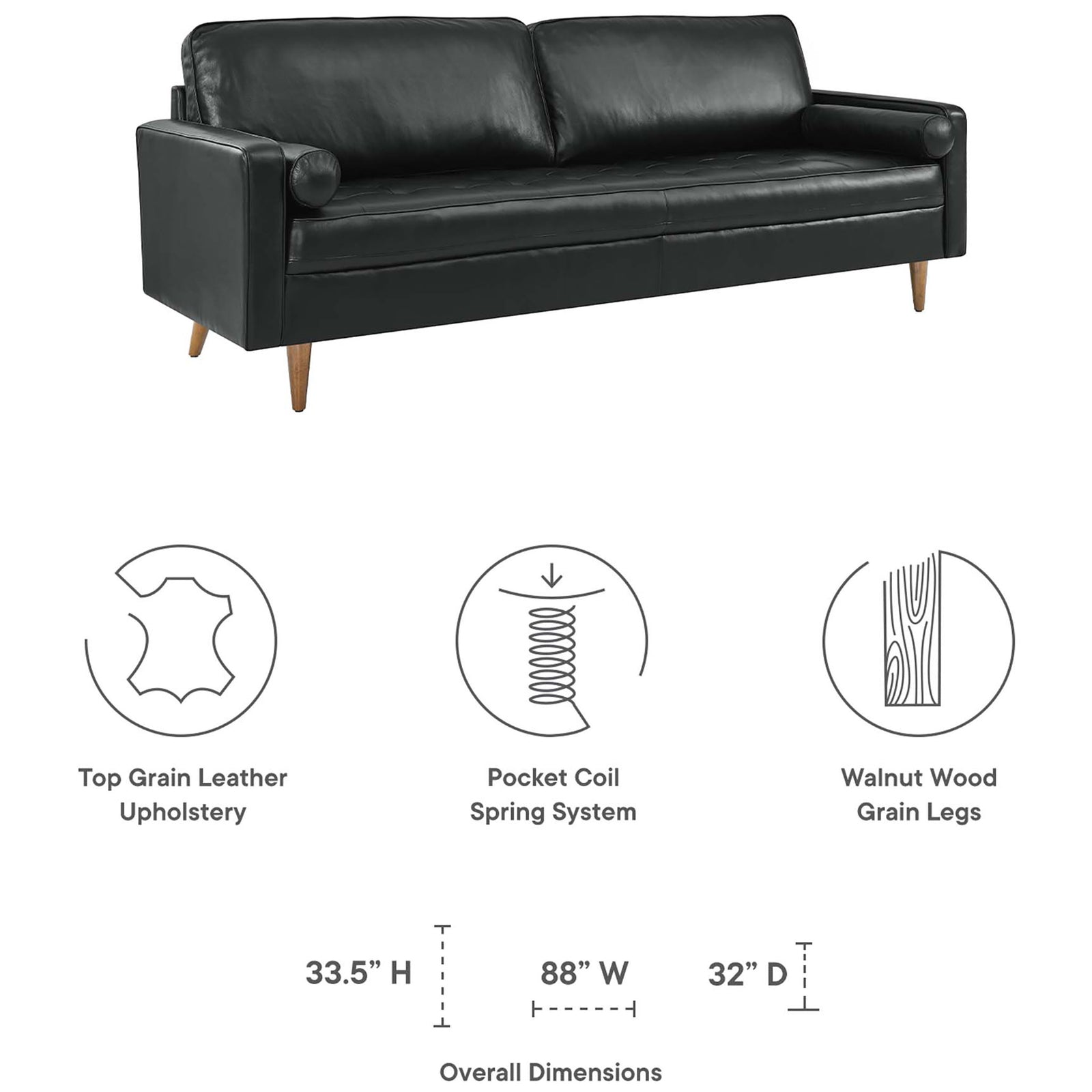 Valour 88 inch black leather sofa with leather upholstery, pocket coil springs, walnut legs, and labeled dimensions. || EEI-5871-BLK || dimension_studio