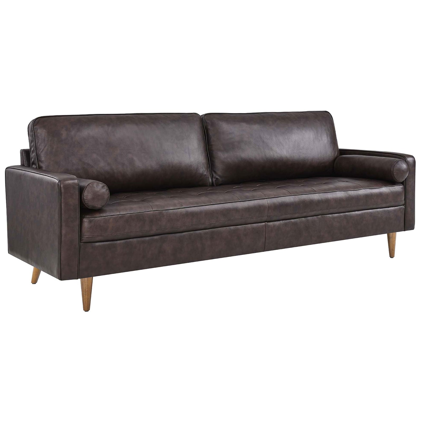 Spacious mid-century leather sofa with generous seating, slim track arms, and tailored tufted upholstery || EEI-5871-BRN || front_angle_studio