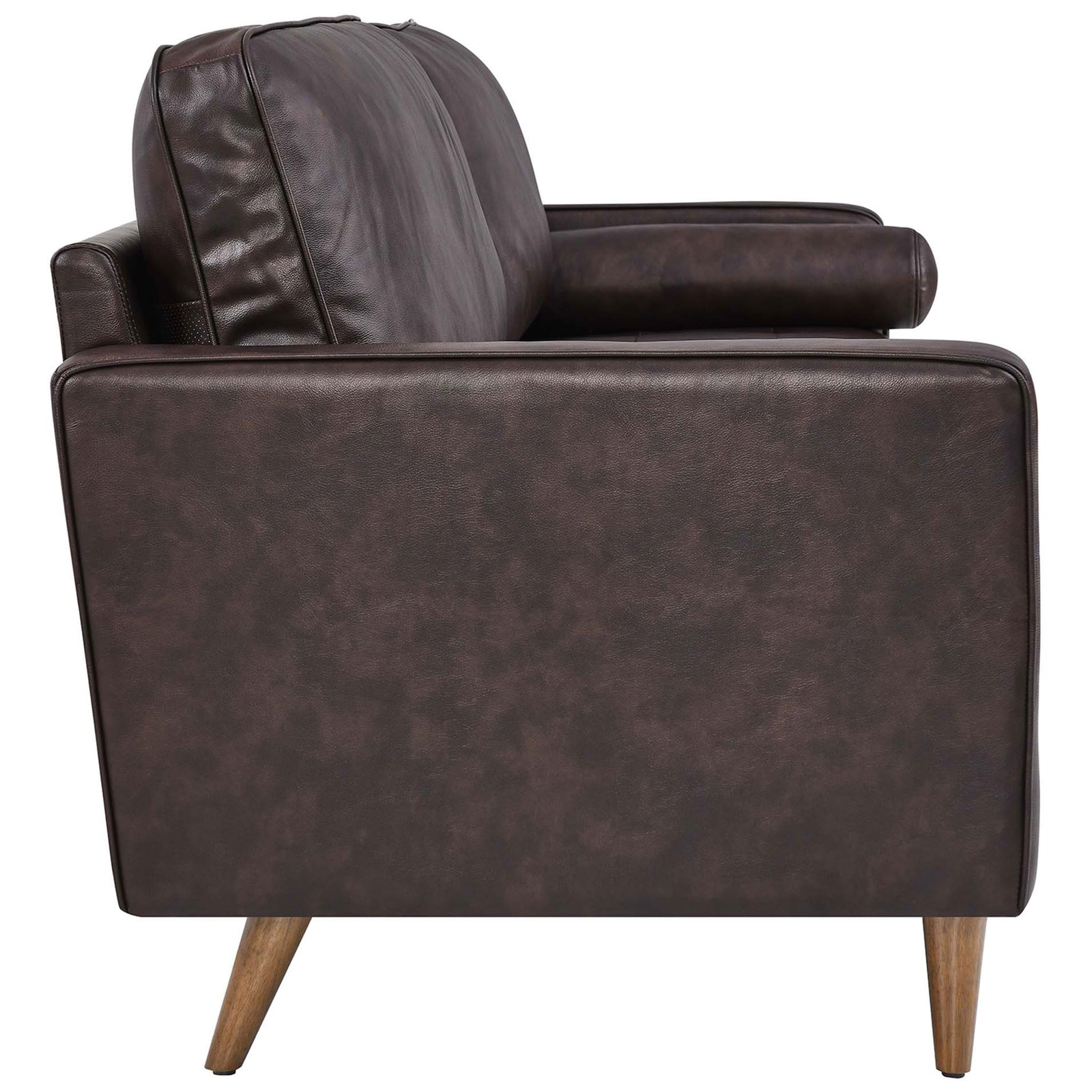 Sleek brown leather sofa with structured track arm, plush cushioning, and warm walnut-finished legs || EEI-5871-BRN || side_studio