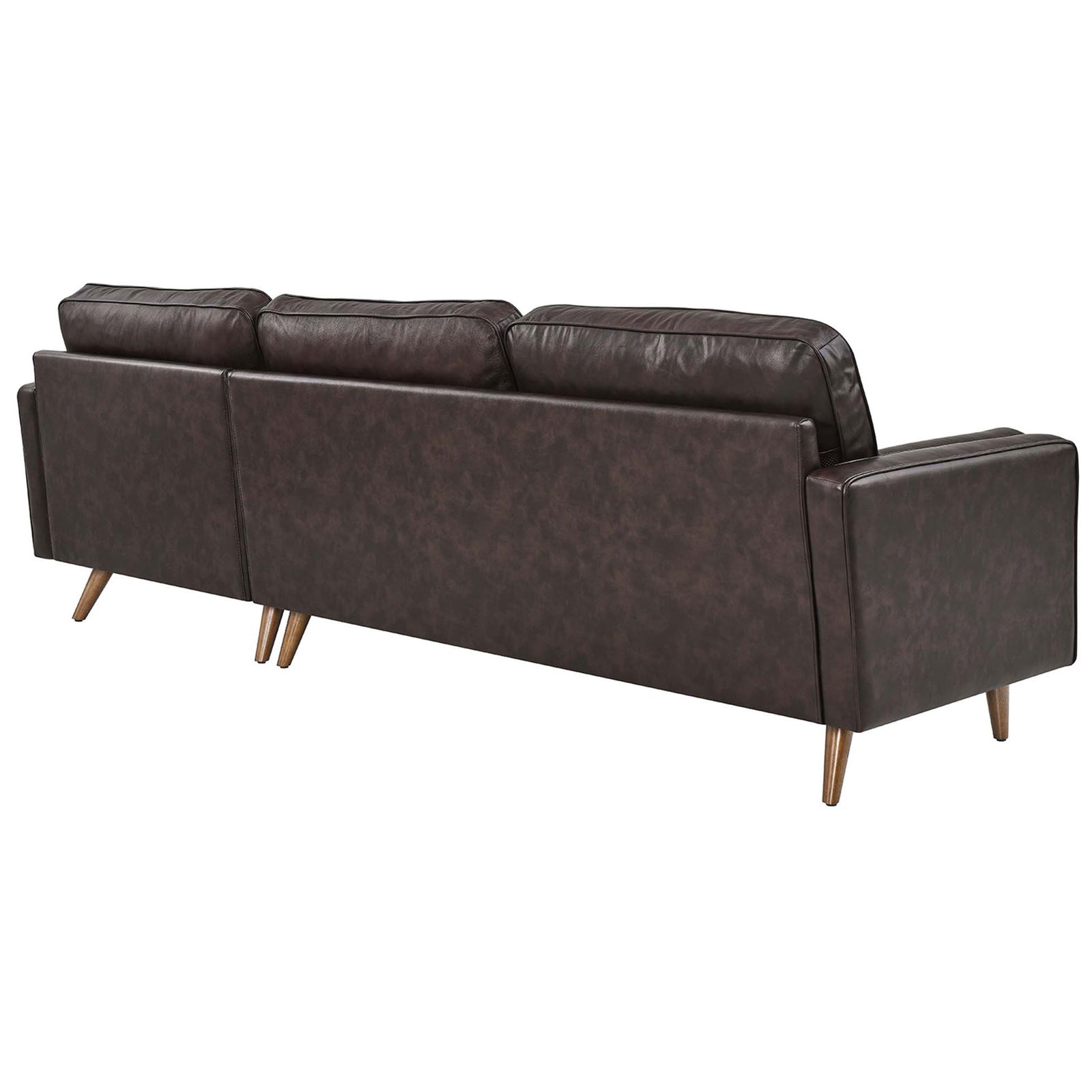Fully upholstered brown leather back of the sectional sofa with tailored cushions and tapered wood legs || EEI-5873-BRN || back_angle_studio