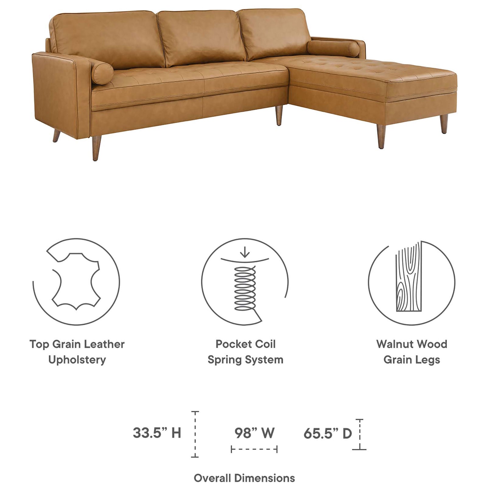 Key features of the tan leather sectional highlighting top grain upholstery, spring support, wood legs, and dimensions. || EEI-5873-TAN || dimension_studio