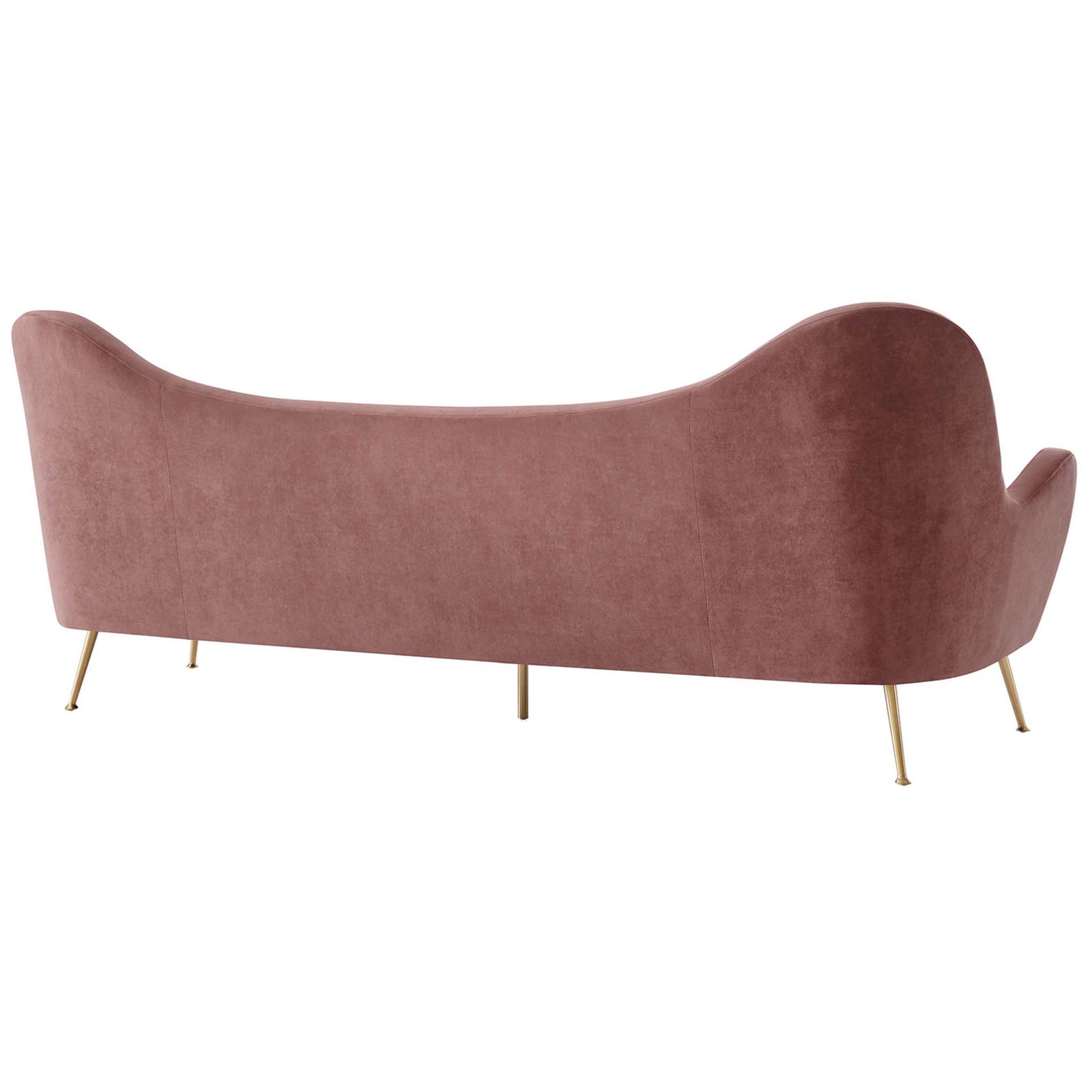 Dusty rose velvet sofa featuring a smooth curved back with subtle tailoring and gold-finished legs. || EEI-5874-DUS || back_studio