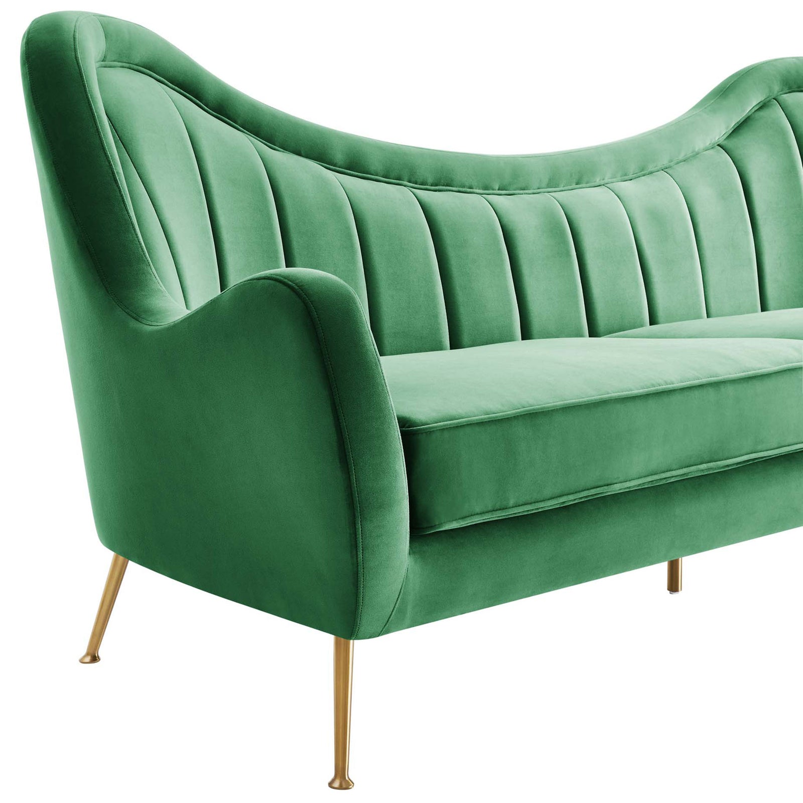 Curved arm and channel tufted emerald velvet with slender gold leg detail || EEI-5874-EME || detail_studio