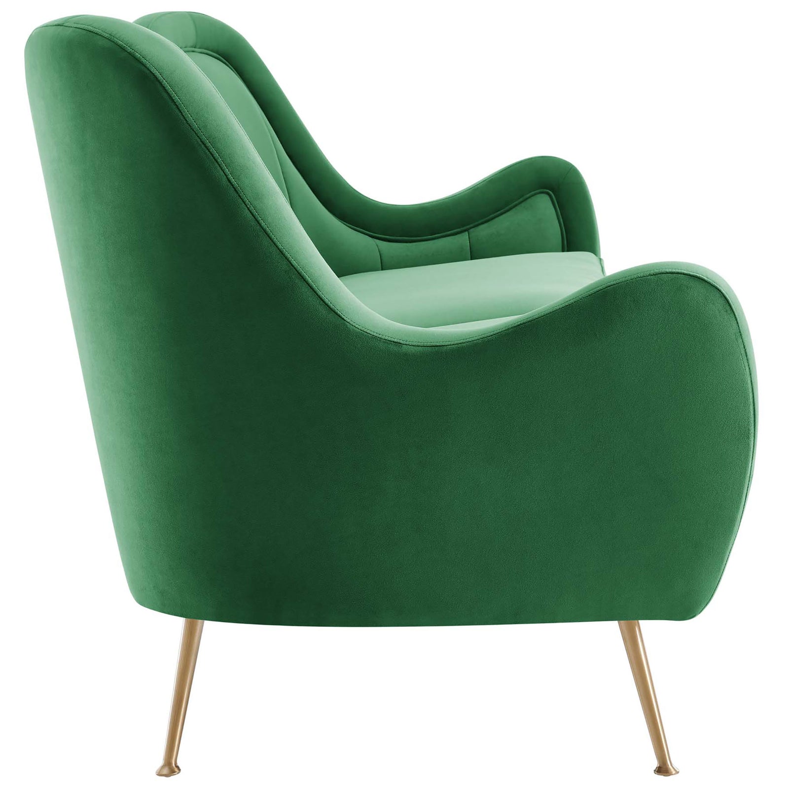Side profile of emerald velvet sofa showcasing dramatic organic curves and tailored silhouette || EEI-5874-EME || side_studio