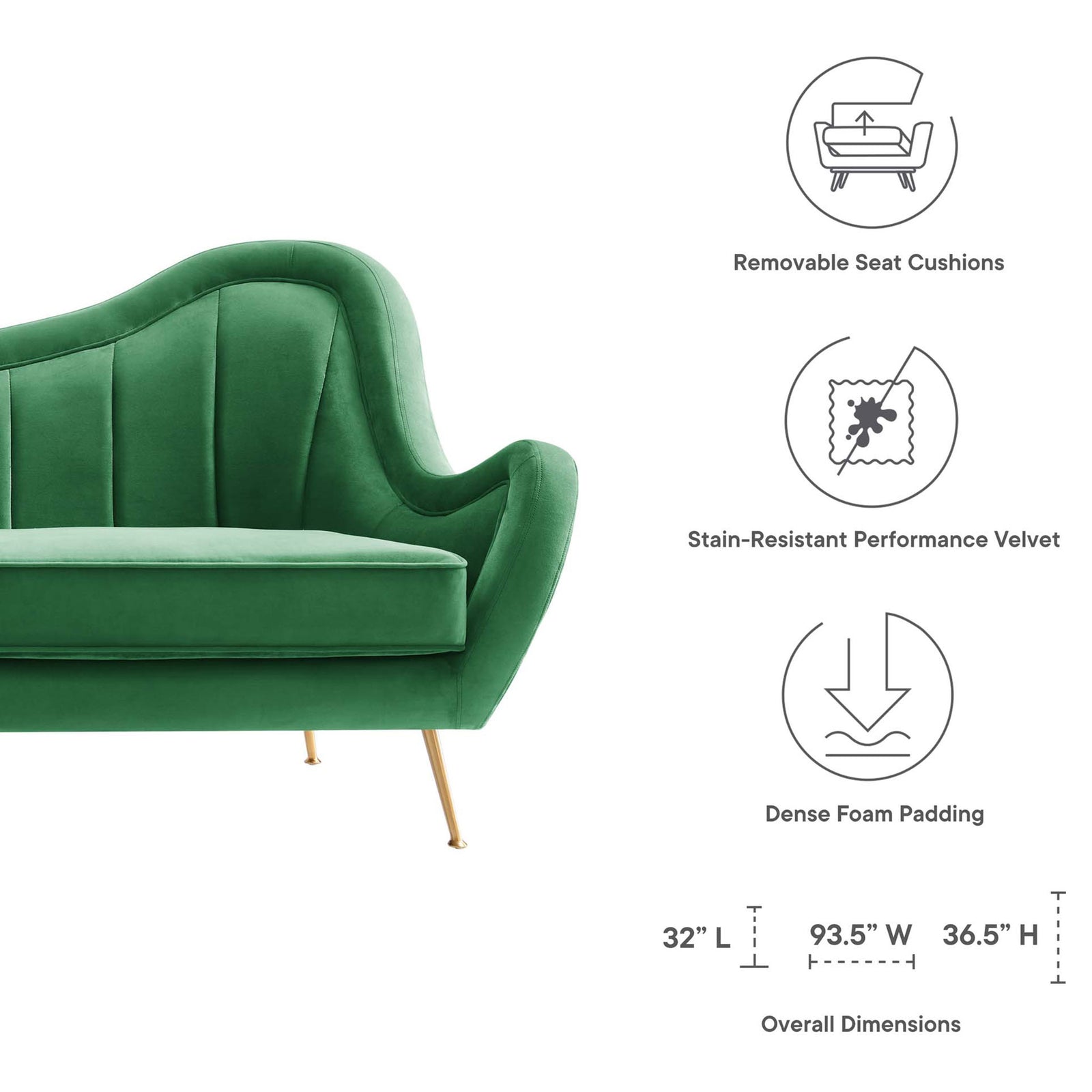 Graphic showing sofa dimensions plus icons for removable cushions, stain resistant velvet, and dense foam || EEI-5874-EME || dimension_studio