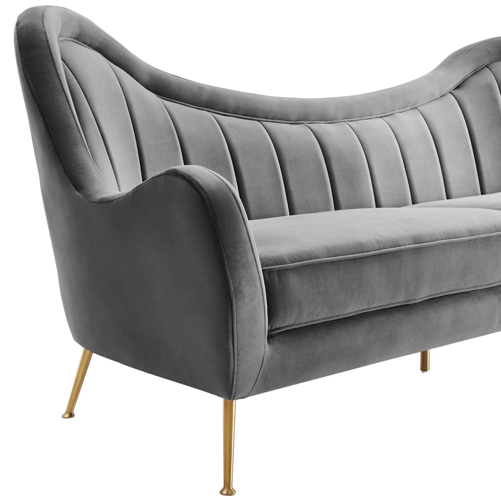 Gray velvet channel tufting and sloping arm with slim gold legs || EEI-5874-GRY || detail_studio