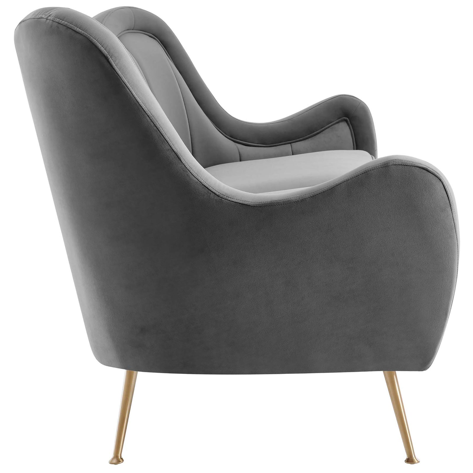 Gray velvet sofa with a smooth curved side profile and slim gold legs || EEI-5874-GRY || side_studio