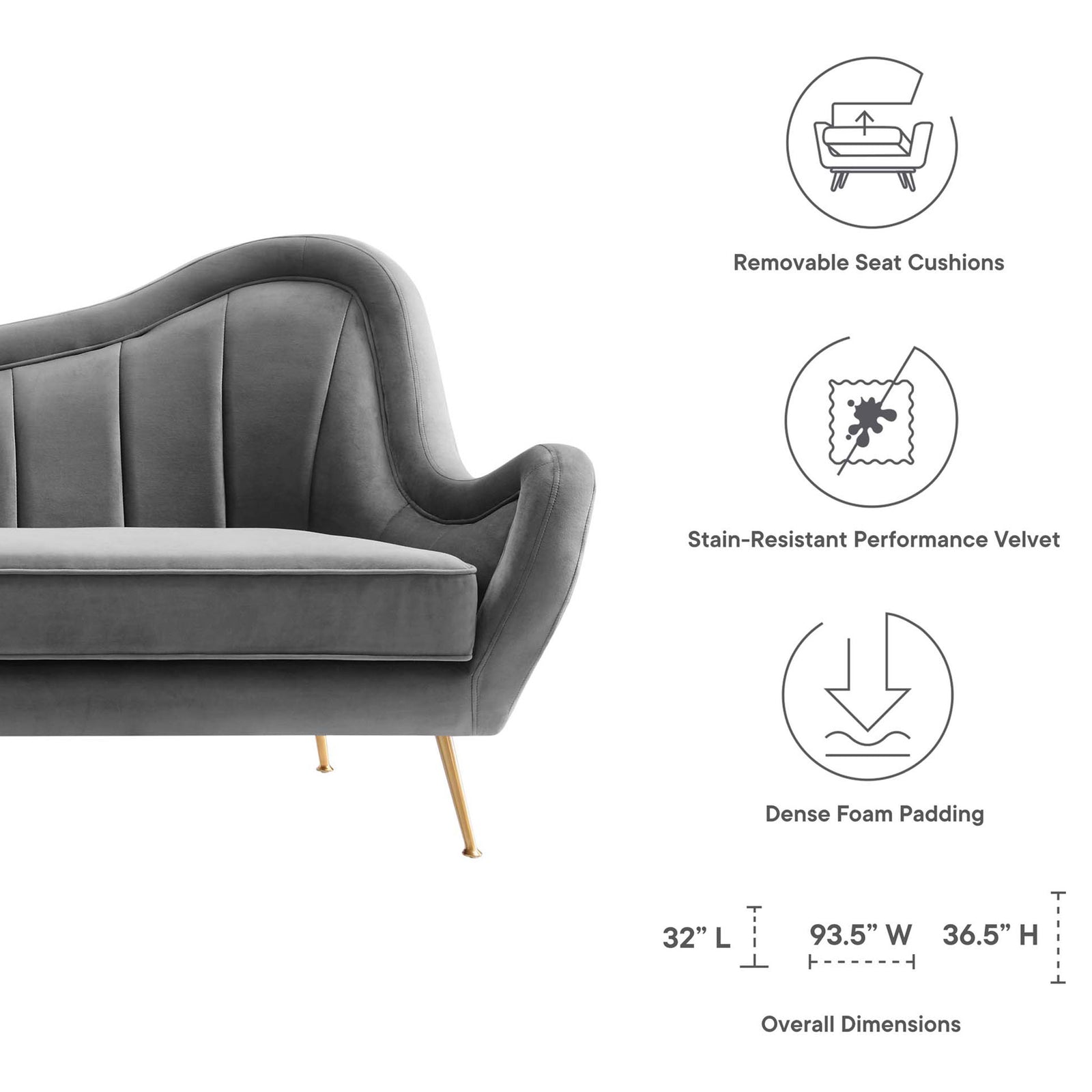 Feature icons and overall dimensions for the gray velvet Cheshire sofa with gold legs || EEI-5874-GRY || dimension_studio