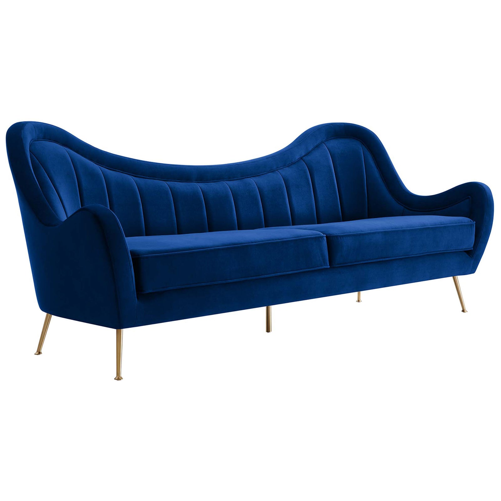 Curved navy velvet sofa with channel tufting and slim gold legs for glam lounge comfort || EEI-5874-NAV || front_angle_studio