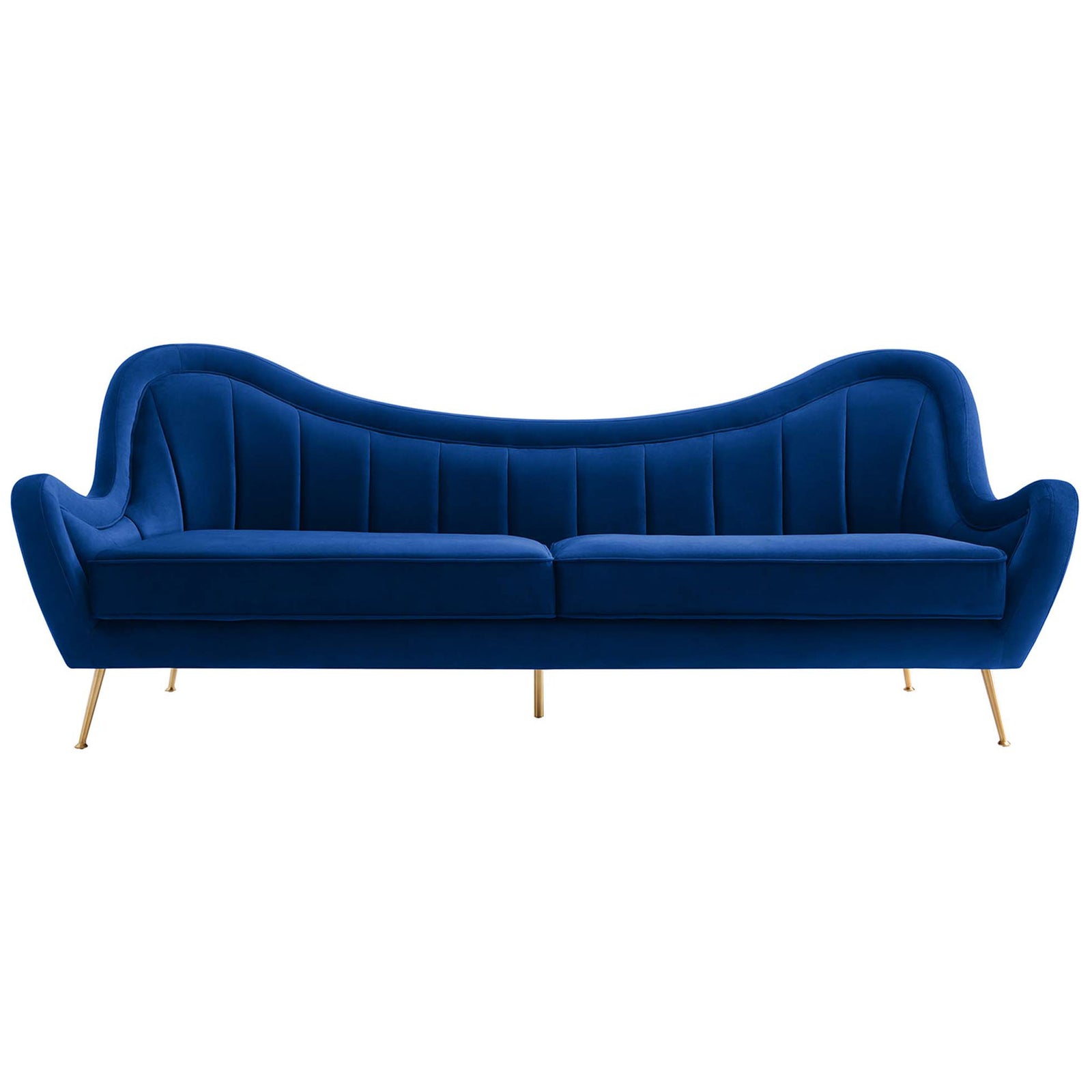 Navy channel-tufted velvet sofa with plush cushions and tapered gold legs for statement seating || EEI-5874-NAV || front_studio