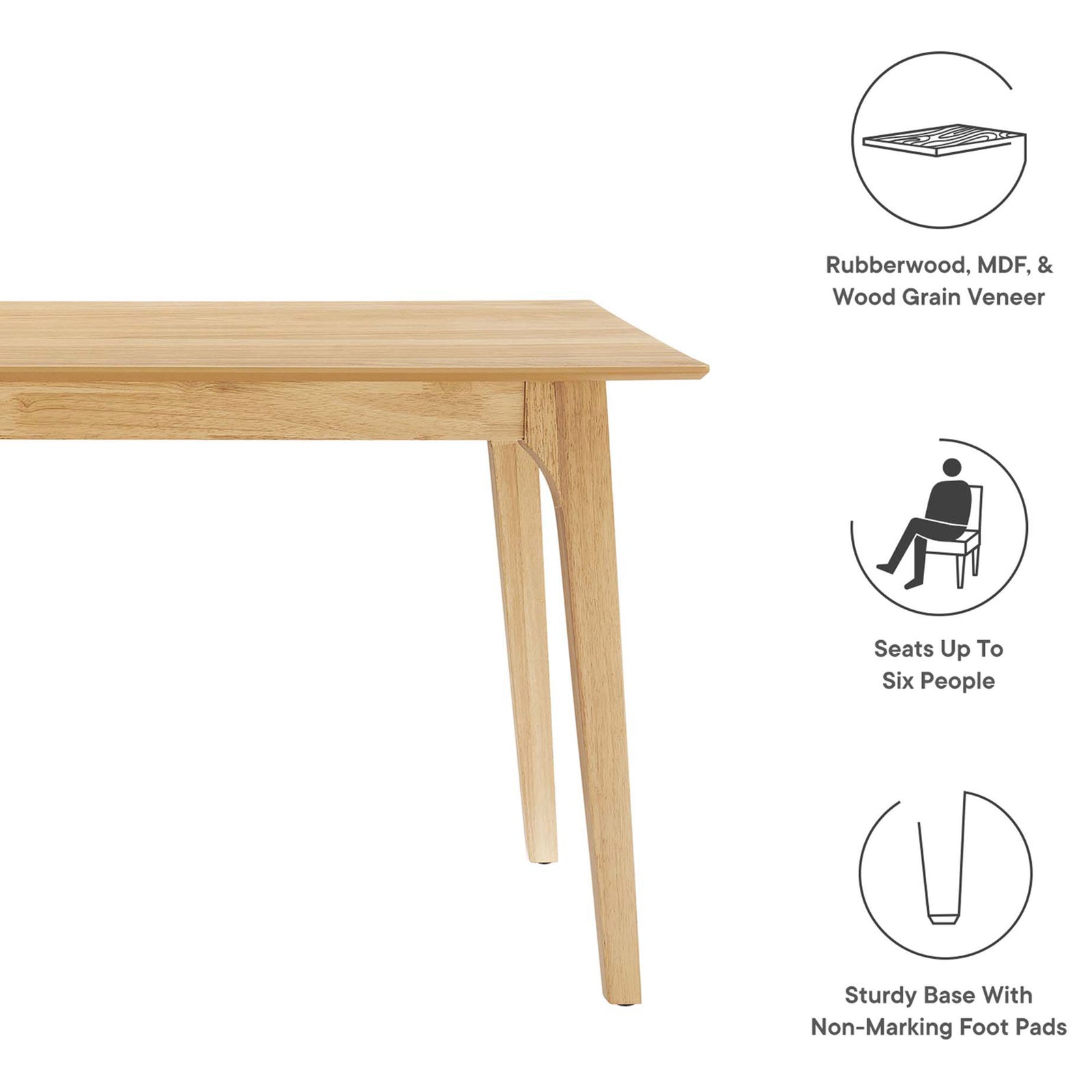 Oak dining table corner detail beside icons highlighting seating capacity and sturdy construction || EEI-6017-OAK-OAK || callout_studio