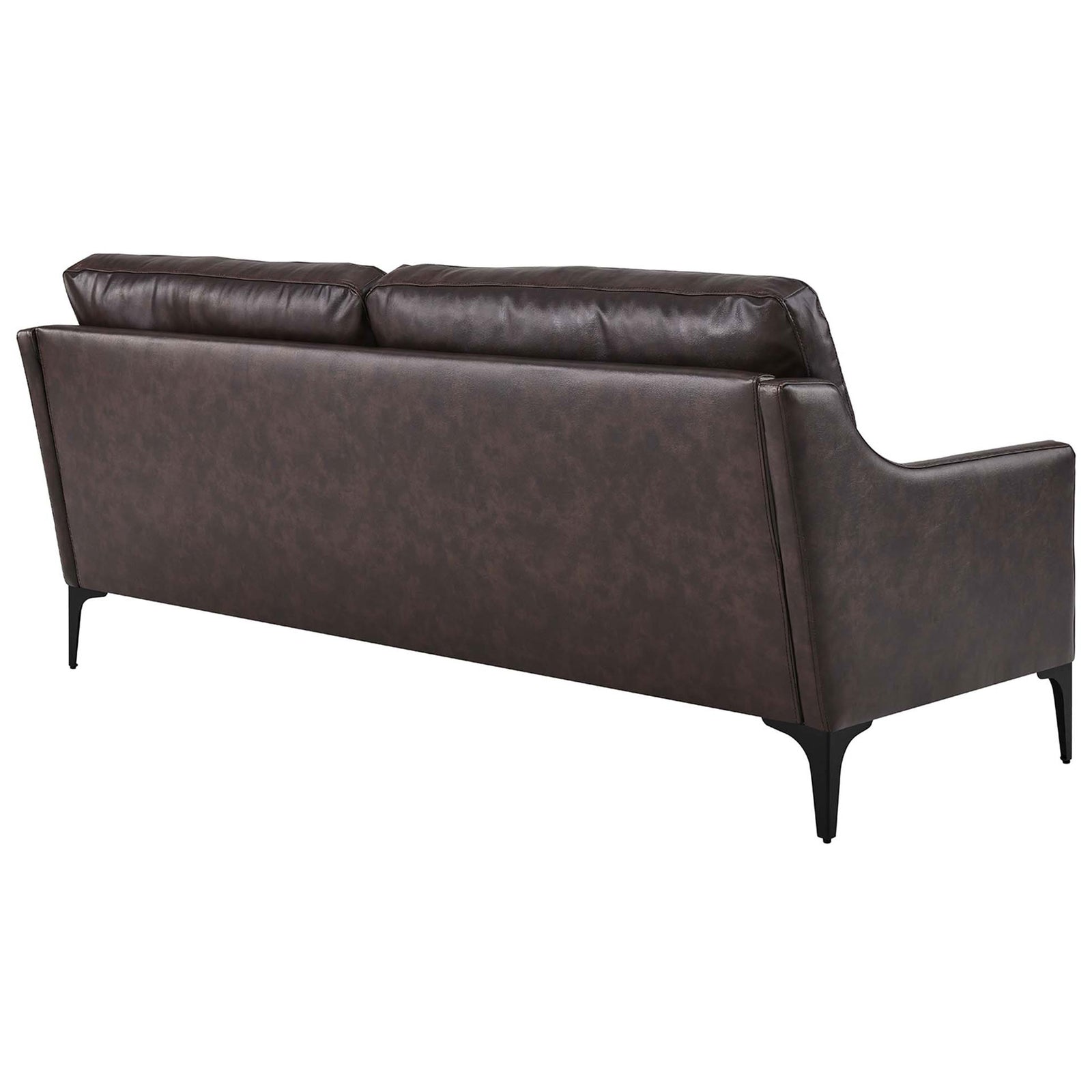Brown leather sofa showcasing its smooth tailored back and sturdy black metal legs for a polished look || EEI-6018-BRN || back_angle_studio