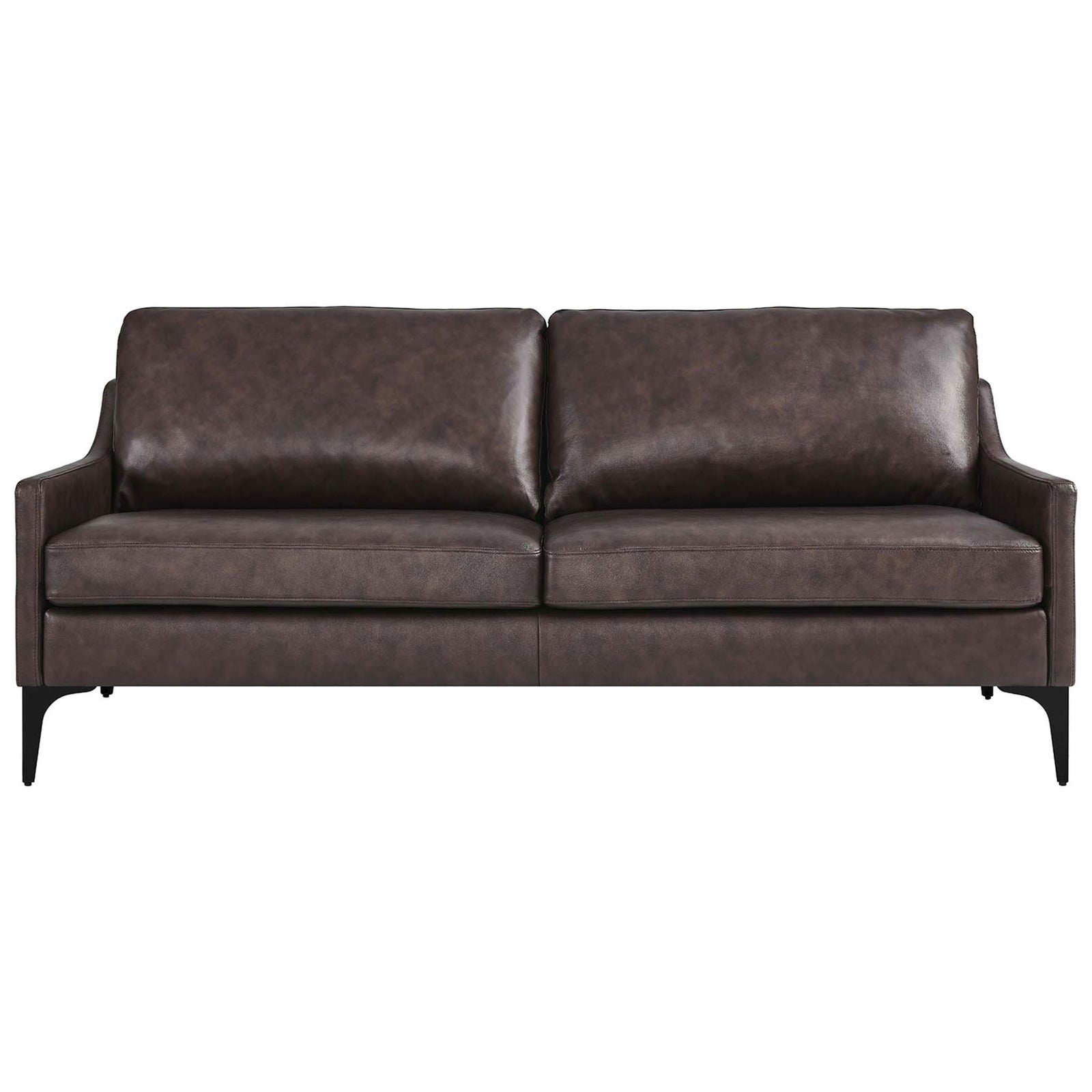 Brown leather sofa with tall back cushions and sleek black metal legs for a refined modern living room || EEI-6018-BRN || front_studio