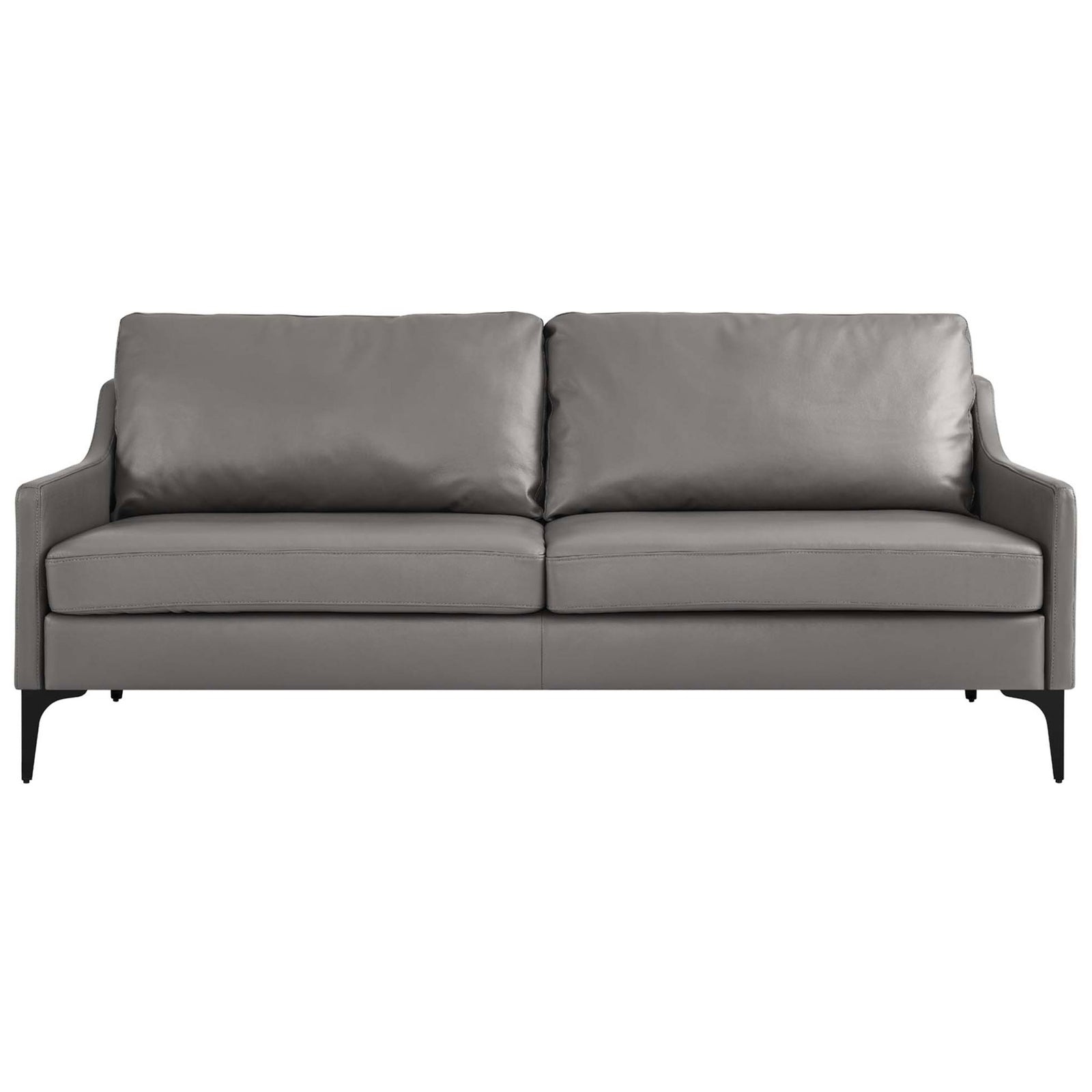 Gray leather sofa with two plush back cushions and streamlined arms on slim black metal legs || EEI-6018-GRY || front_studio