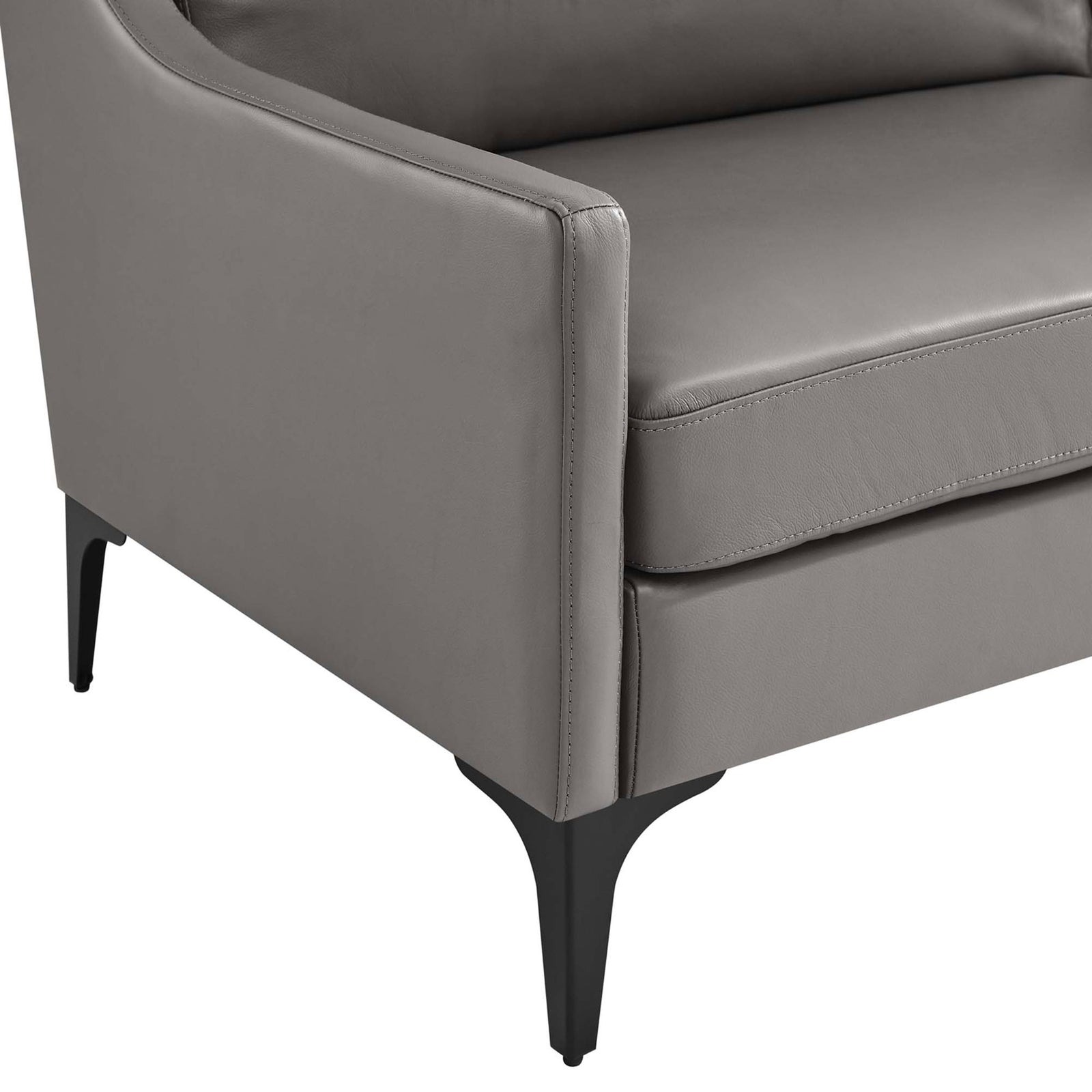 Sleek gray leather arm and seat accented by a slim black metal leg and tailored stitching || EEI-6018-GRY || leg_studio
