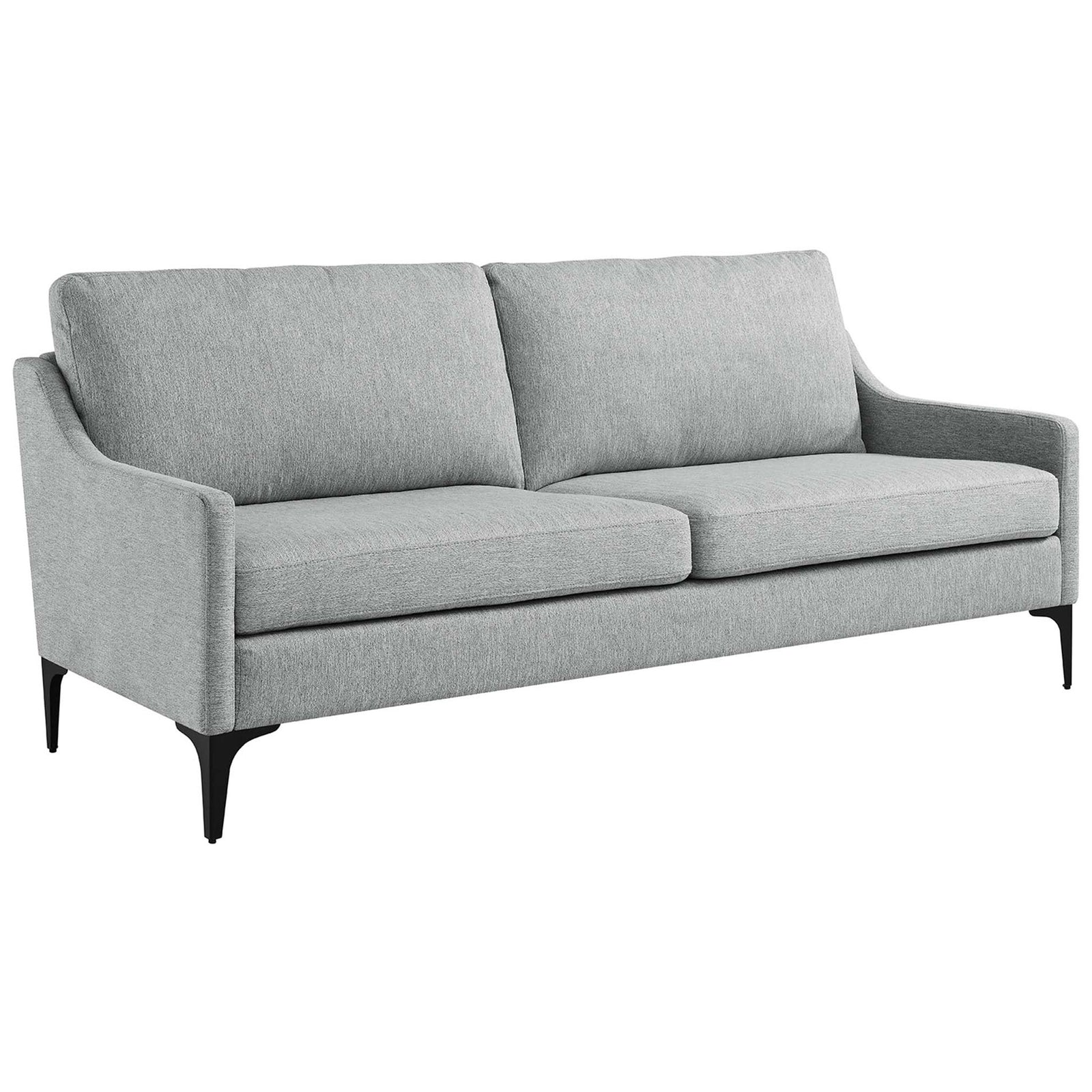 Light gray mid-century sofa with sloped track arms, deep seat cushions, and tapered black metal legs || EEI-6019-LGR || front_angle_studio