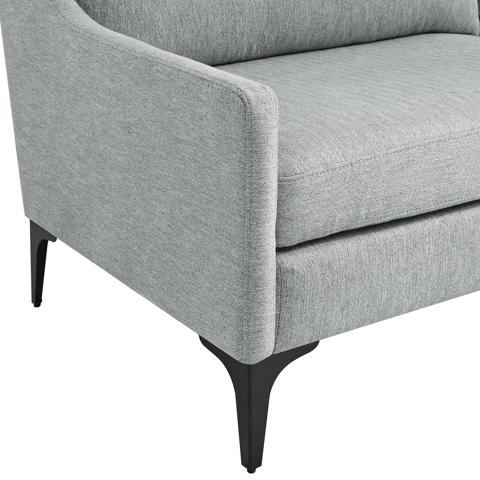Close-up of sofa arm and black powder-coated metal leg with textured light gray fabric upholstery || EEI-6019-LGR || leg_studio