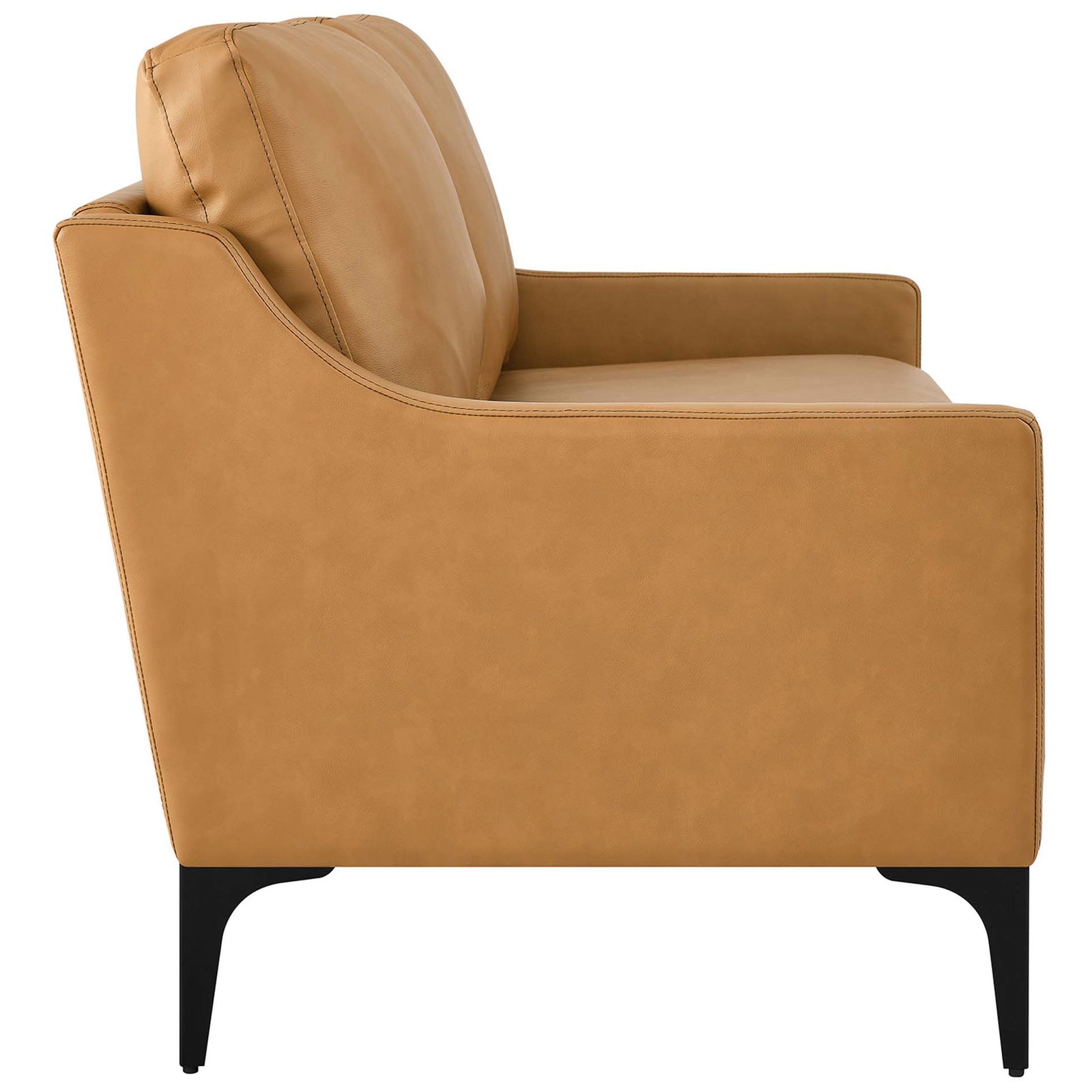 Side view of tan leather loveseat with gently sloped track arm and tall black metal legs || EEI-6020-TAN || side_studio