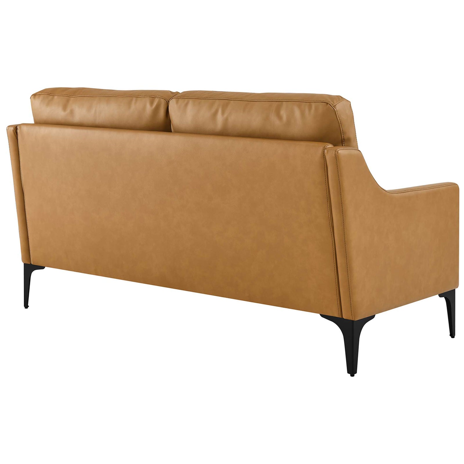 Back angle view of tan leather loveseat showing smooth tailored back and slim arms on black legs || EEI-6020-TAN || back_angle_studio