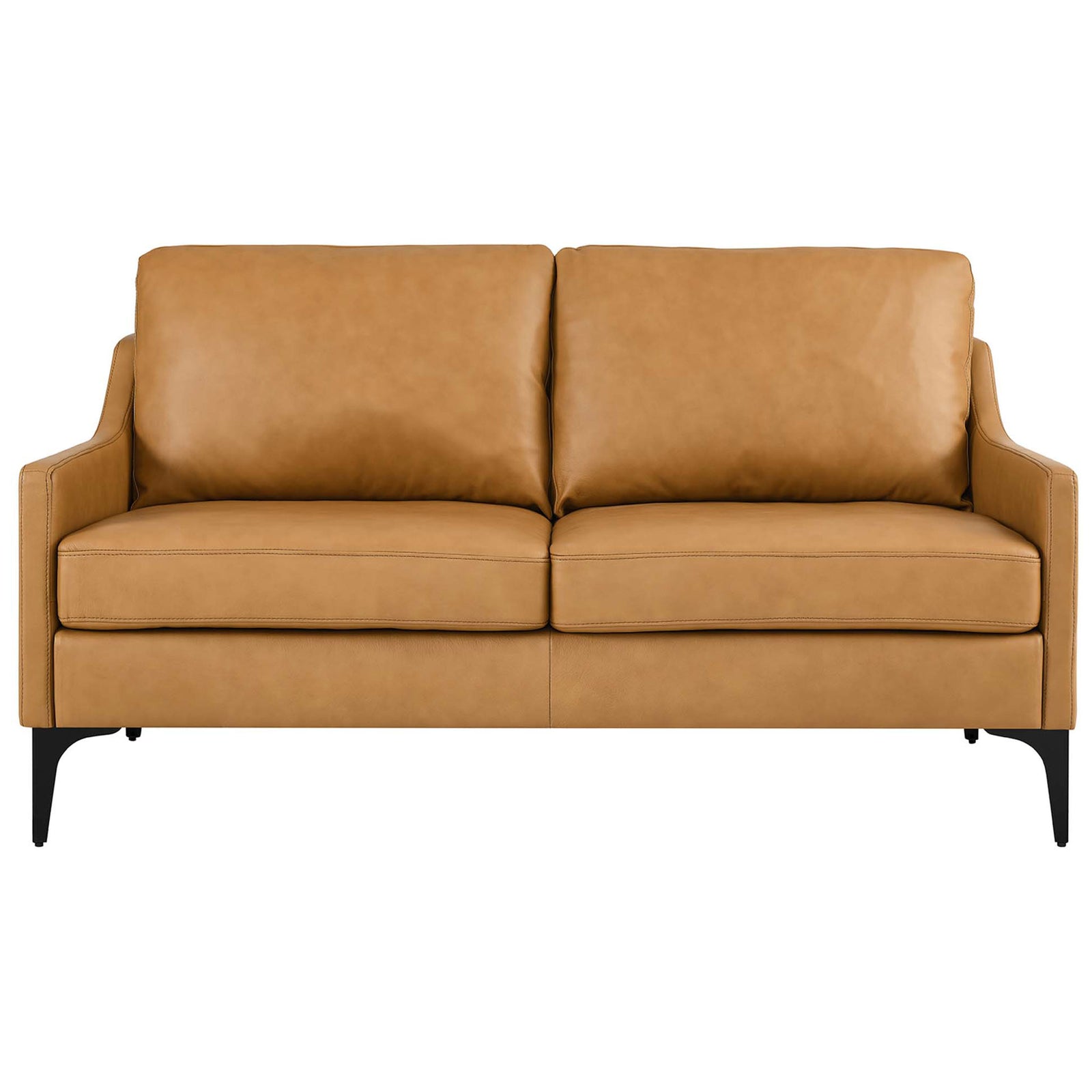 Tan leather loveseat with plush back cushions, slim sloped arms, and black metal legs || EEI-6020-TAN || front_studio