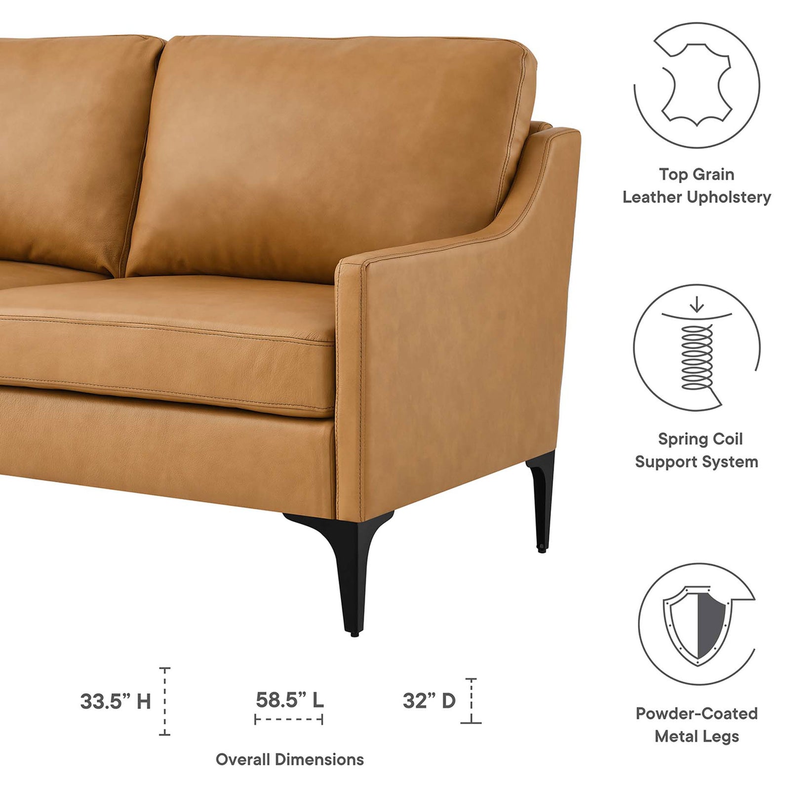 Feature callouts highlight Corland tan leather loveseat dimensions and key comfort details || EEI-6020-TAN || dimension_studio