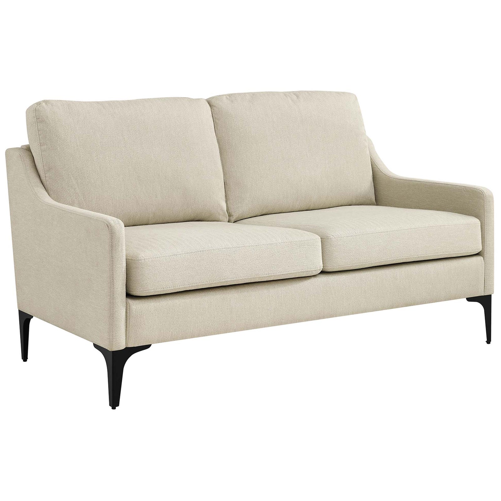 Beige mid-century loveseat with sloped arms and slim black metal legs || EEI-6021-BEI || front_angle_studio