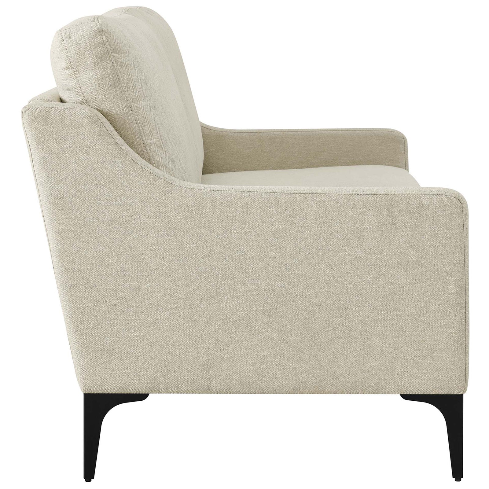 Side view of beige loveseat highlighting slim profile and gently flared back || EEI-6021-BEI || side_studio
