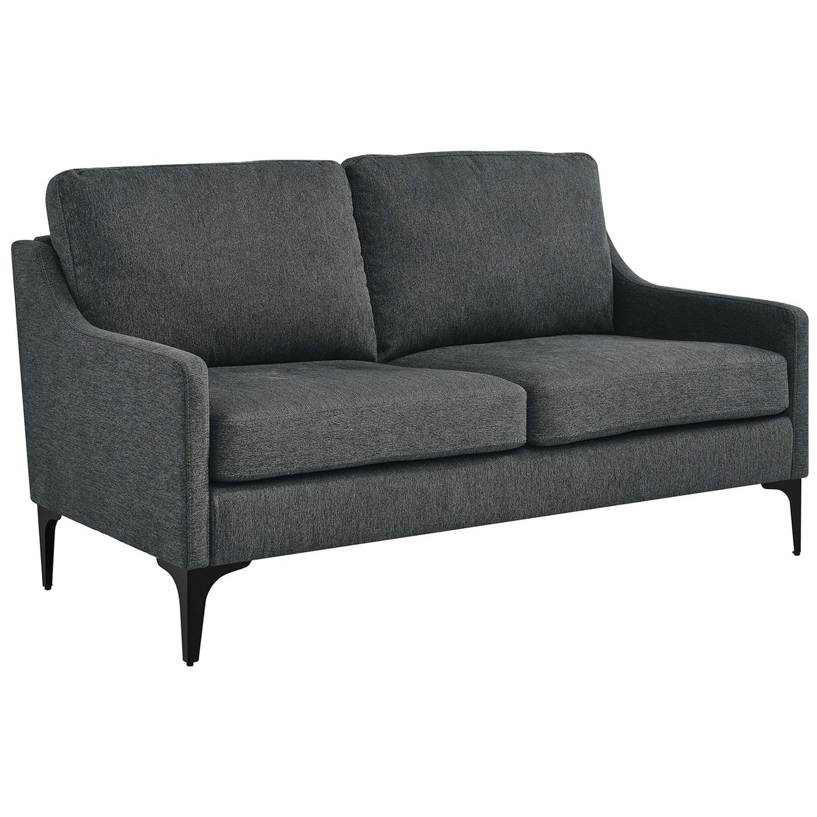 Mid-century Corland loveseat showcasing sloped arms, deep charcoal upholstery, and slim black metal legs || EEI-6021-CHA || front_angle_studio