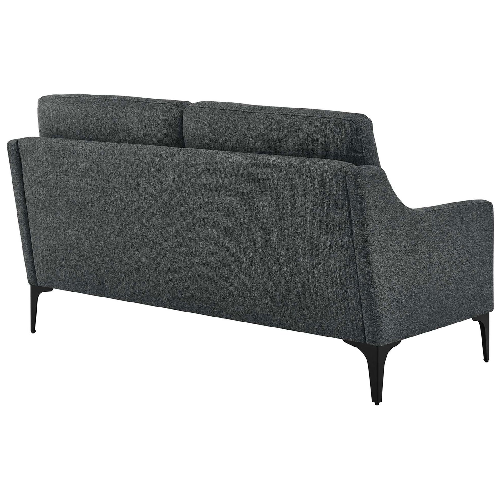 Back of the Corland loveseat featuring smooth upholstery and tapered black powder-coated metal legs || EEI-6021-CHA || back_angle_studio