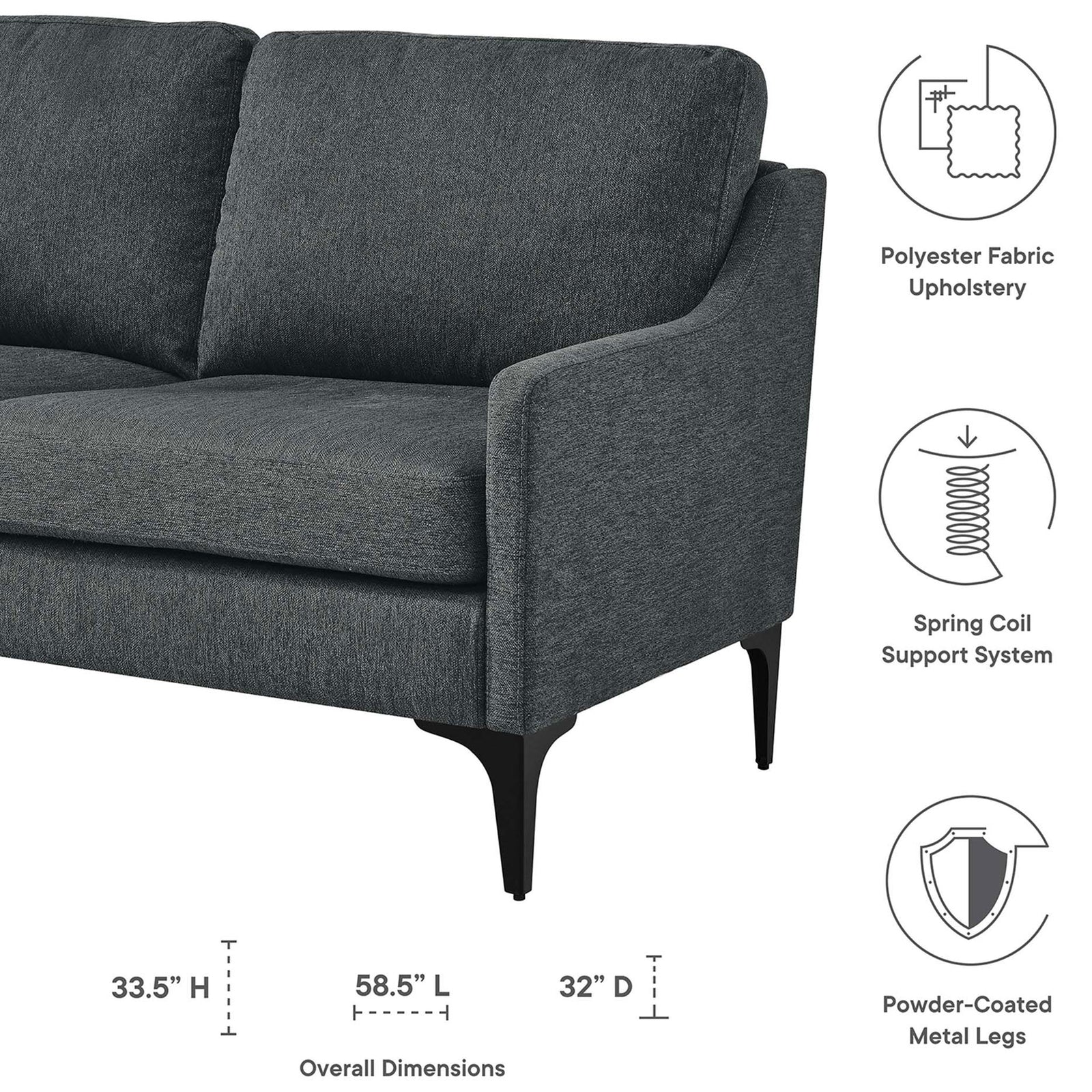 Corland loveseat features and dimensions for polyester fabric, spring coil support, and powder-coated metal legs || EEI-6021-CHA || dimension_studio
