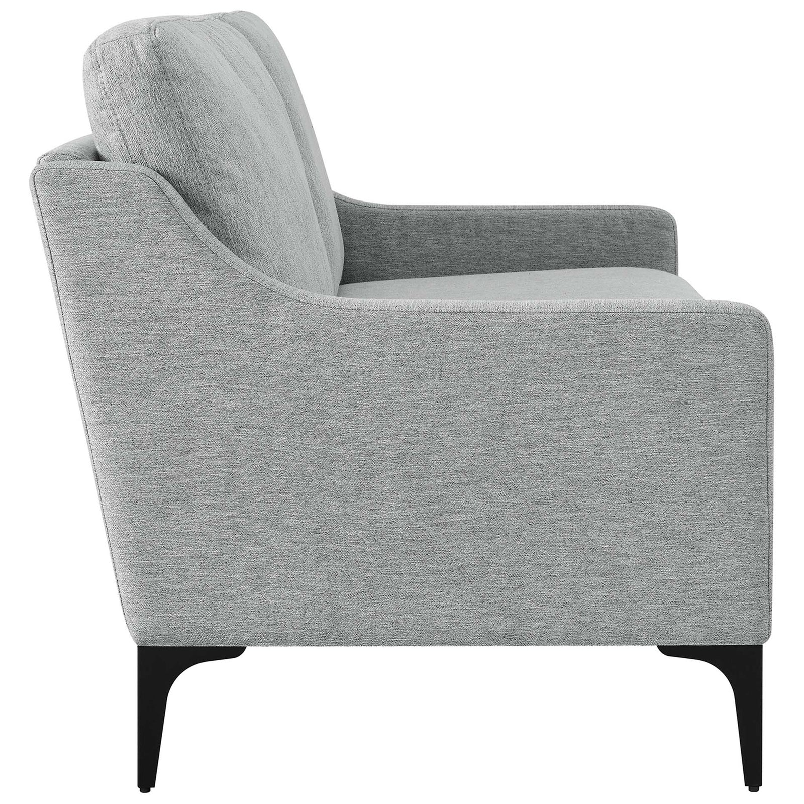 Corland loveseat in light gray upholstery with a gently curved arm and elevated black metal legs for an airy look || EEI-6021-LGR || side_studio