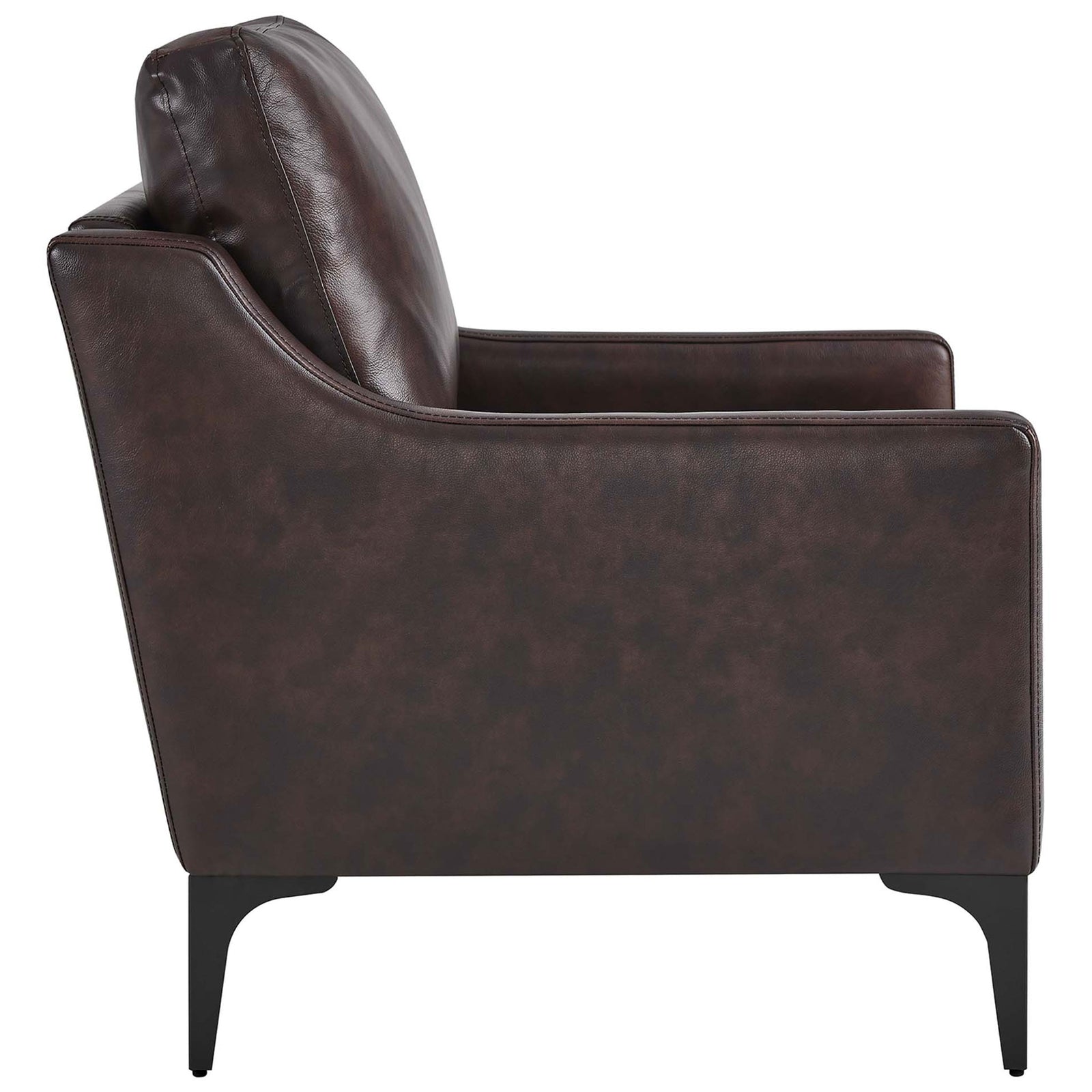 Streamlined side profile shows tailored leather upholstery and tapered black metal legs || EEI-6022-BRN || side_studio