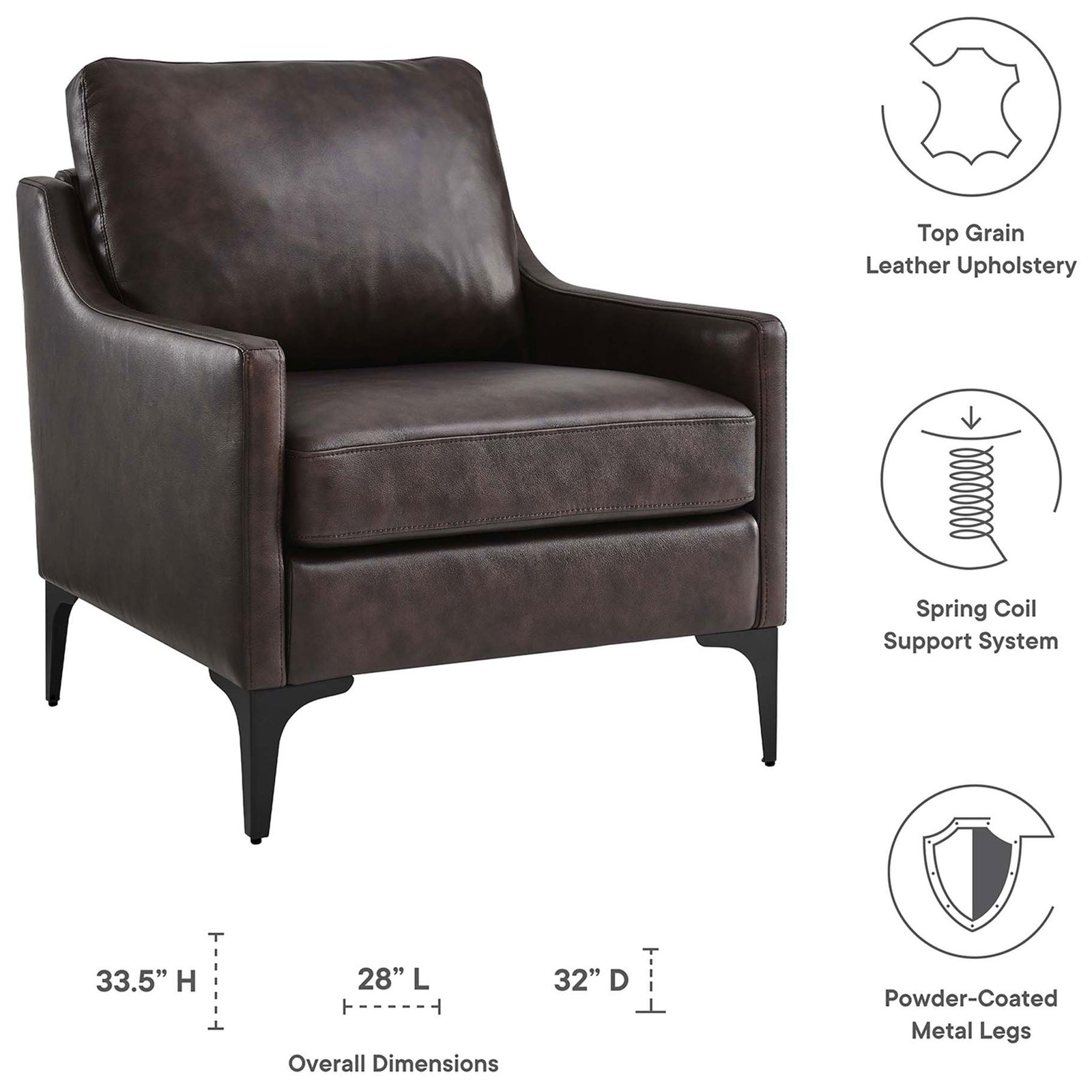 Durable top-grain leather, spring coil support, and powder-coated legs built for everyday comfort || EEI-6022-BRN || dimension_studio