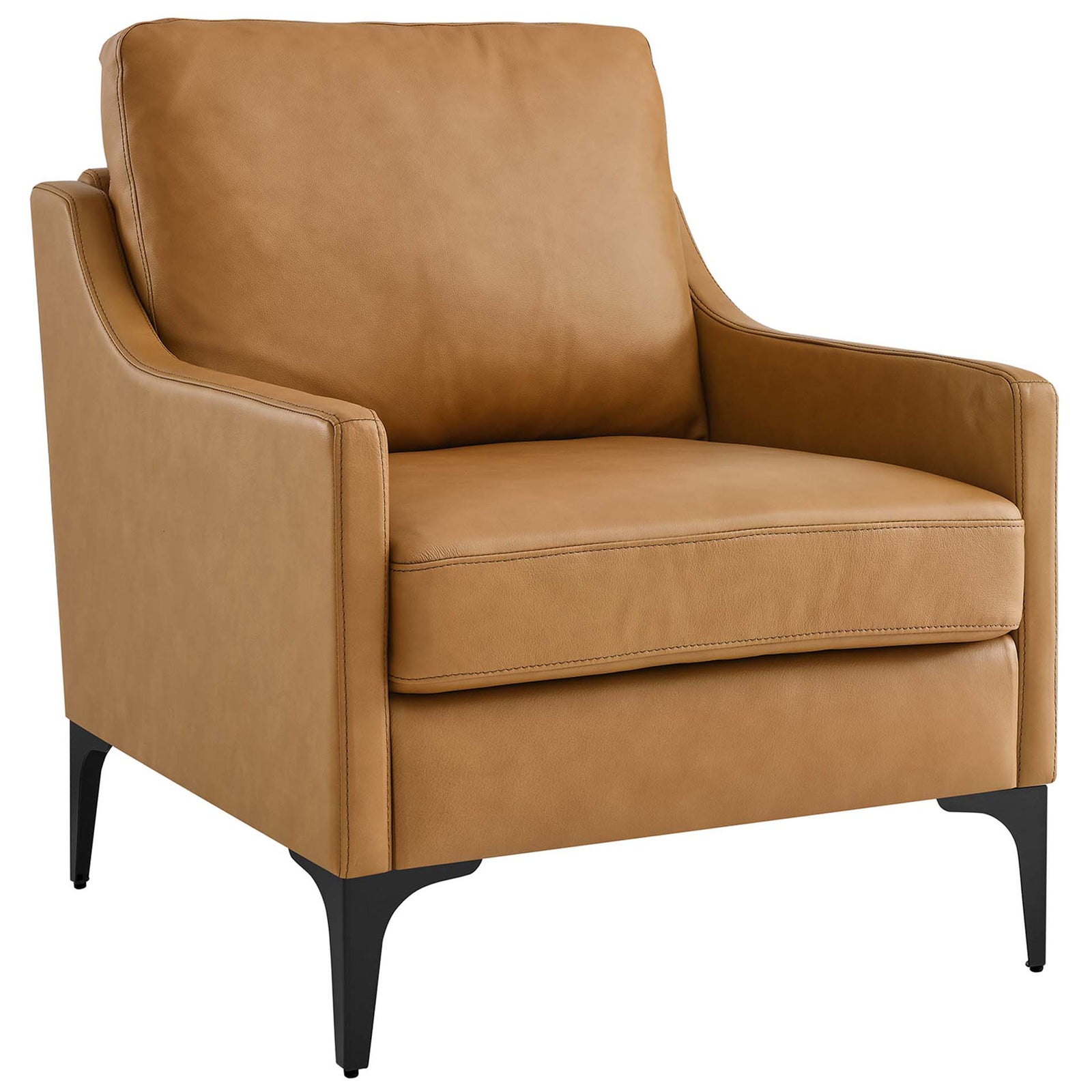 Top-grain leather armchair with tailored seams and a sleek silhouette on powder-coated legs || EEI-6022-TAN || front_angle_studio