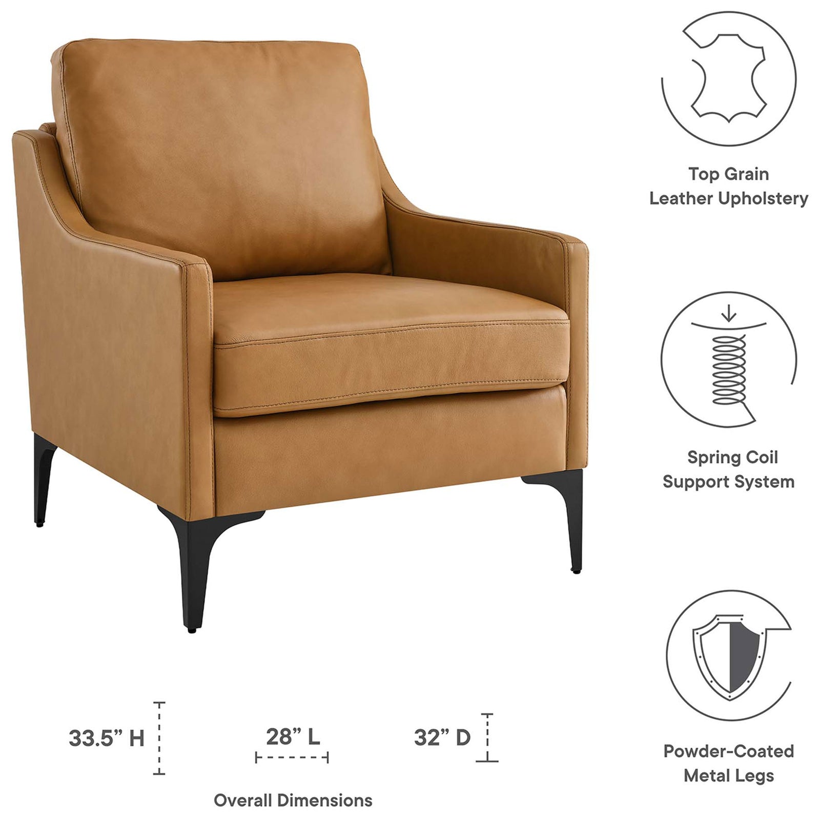 Top-grain leather, spring coil support, and powder-coated metal legs with overall dimensions || EEI-6022-TAN || dimension_studio