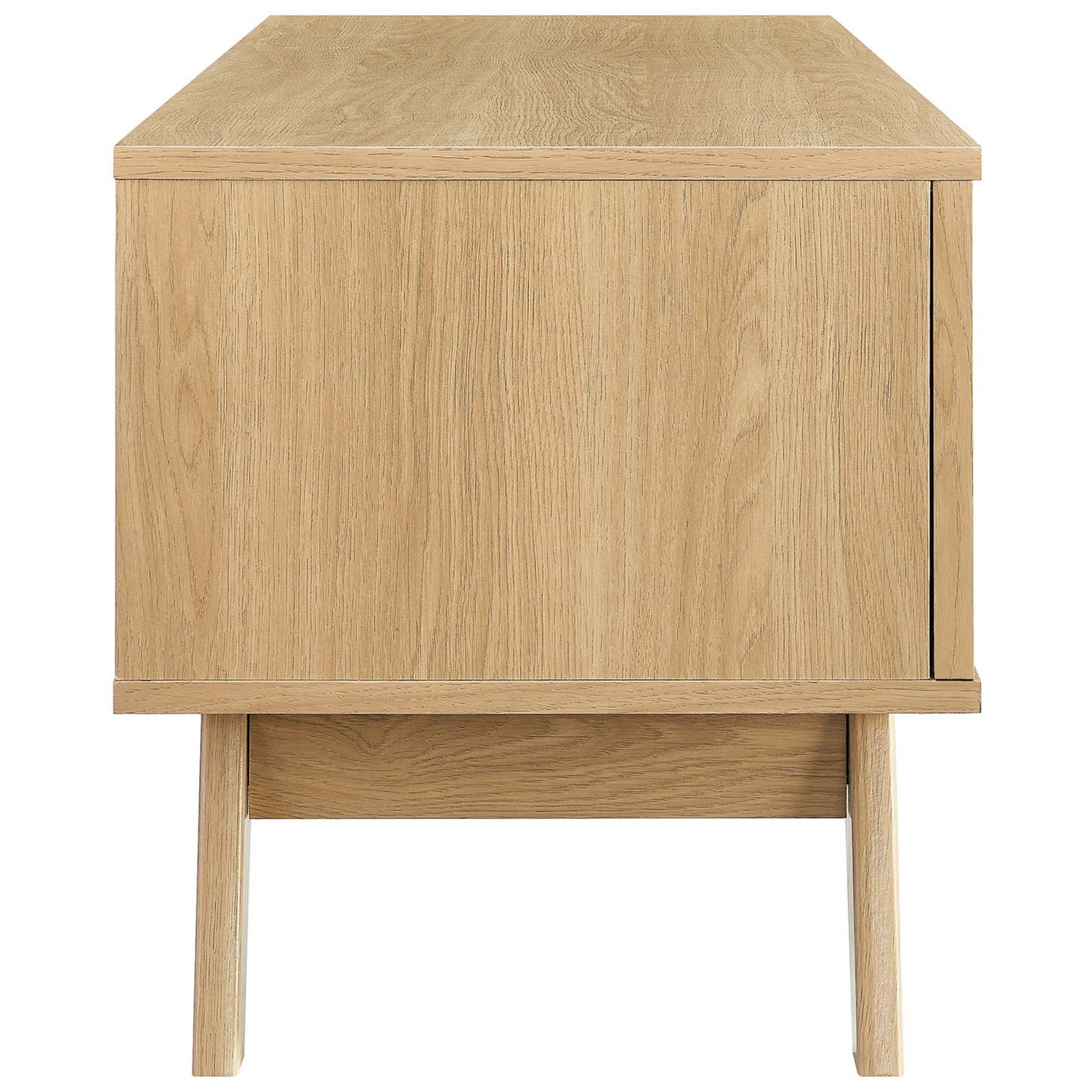 Oak tv stand showcasing smooth wood grain sides and tapered leg base || EEI-6039-OAK || side_studio