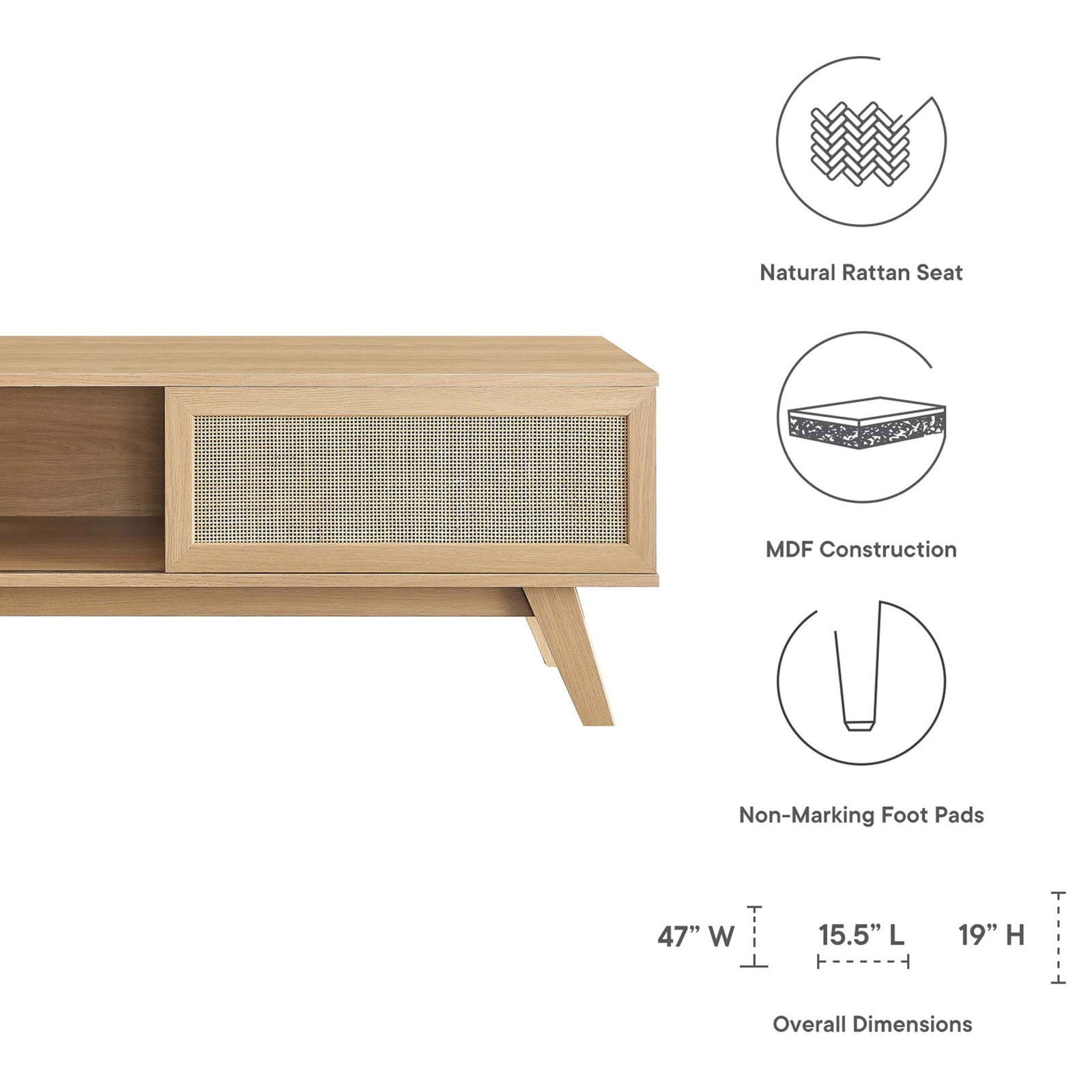 Graphic showing Soma oak tv stand dimensions and construction highlights || EEI-6039-OAK || dimension_studio