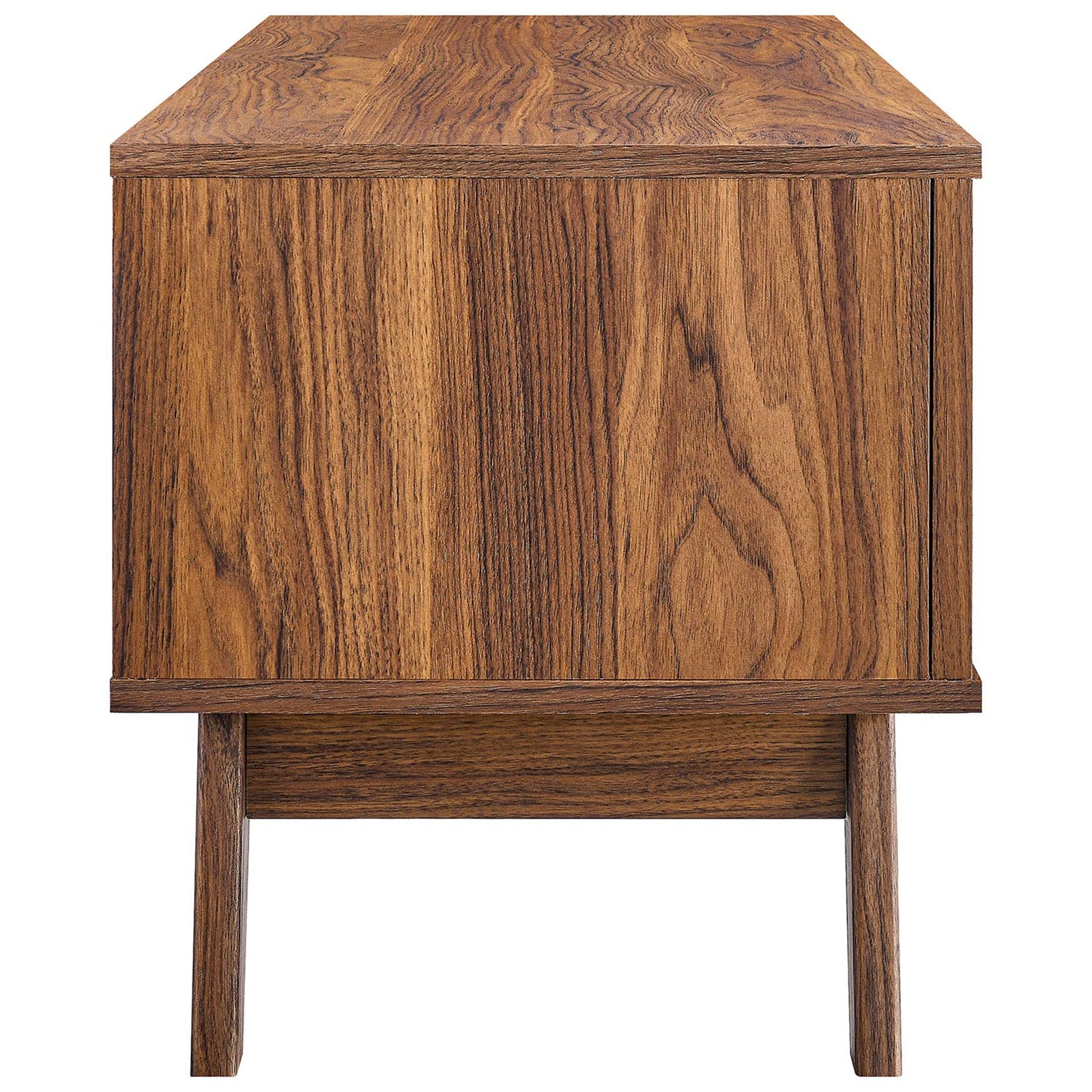 Walnut tv stand showcasing rich wood grain sides and tapered leg base || EEI-6039-WAL || side_studio