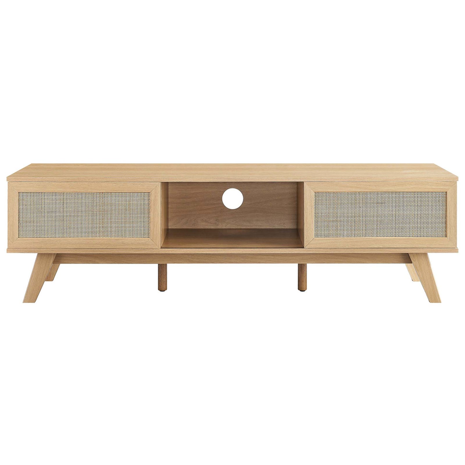 Oak tv stand with rattan doors on both sides and open center storage cubby || EEI-6040-OAK || front_studio