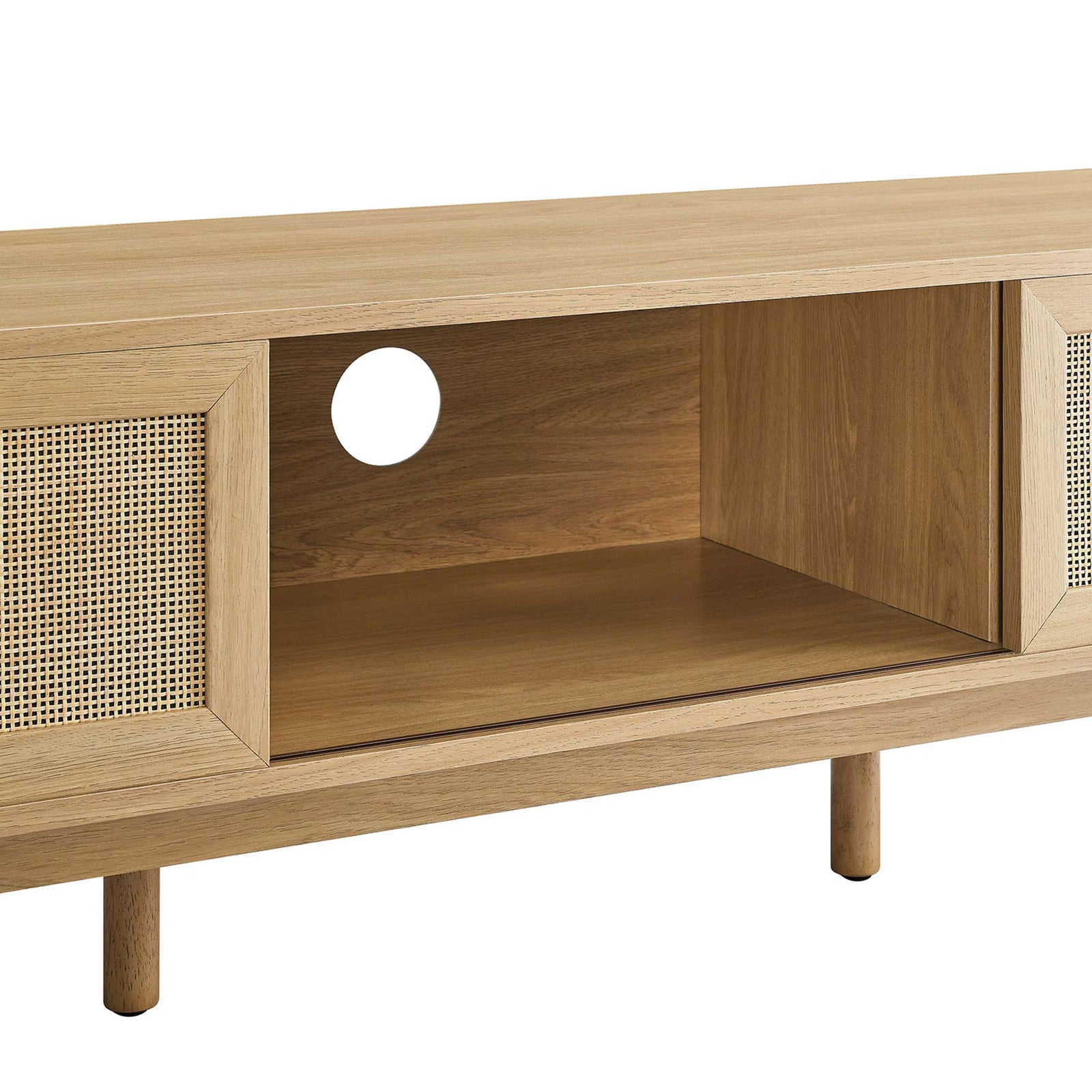 Detail of oak tv stand center shelf with cable management hole and rattan door frame || EEI-6040-OAK || storage_studio