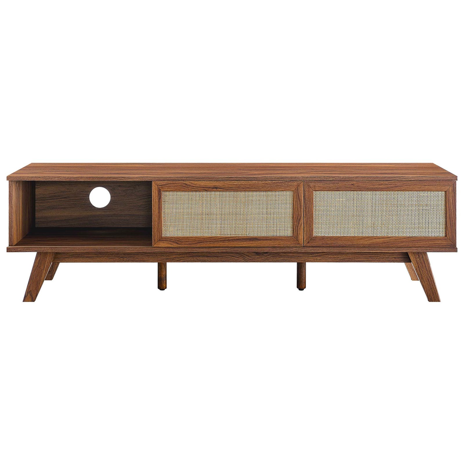 Walnut tv stand with spacious open shelf and rattan doors for concealed storage || EEI-6040-WAL || front_studio