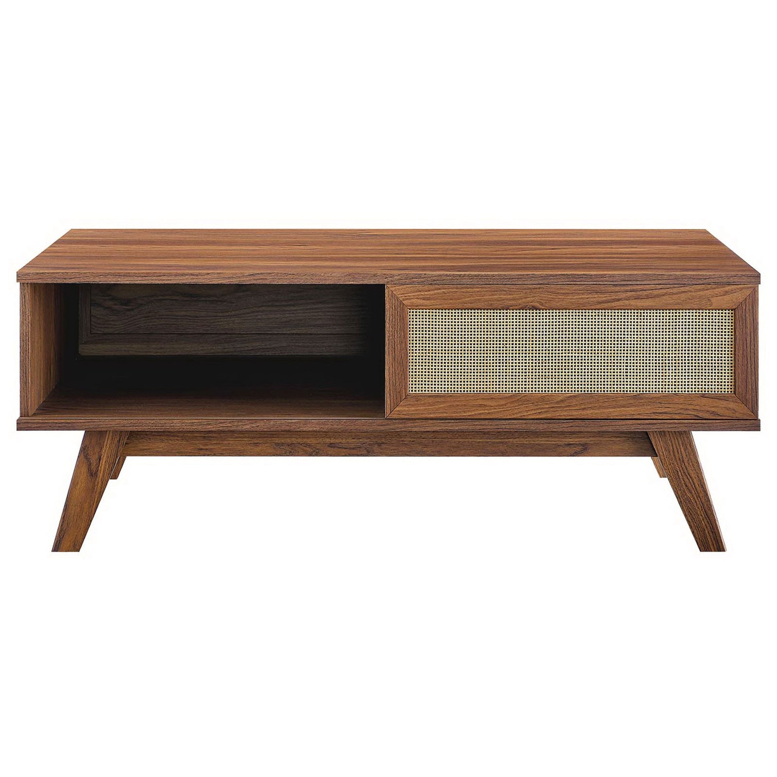 Walnut coffee table with rattan sliding door and open shelf on mid-century tapered legs || EEI-6041-WAL || front_studio