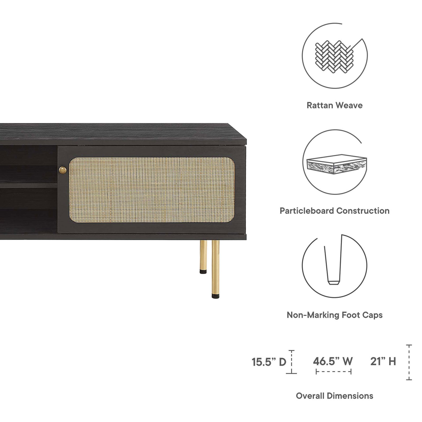 Black TV stand with rattan door, feature icons, and overall product dimensions labeled. || EEI-6044-BLK || dimension_studio
