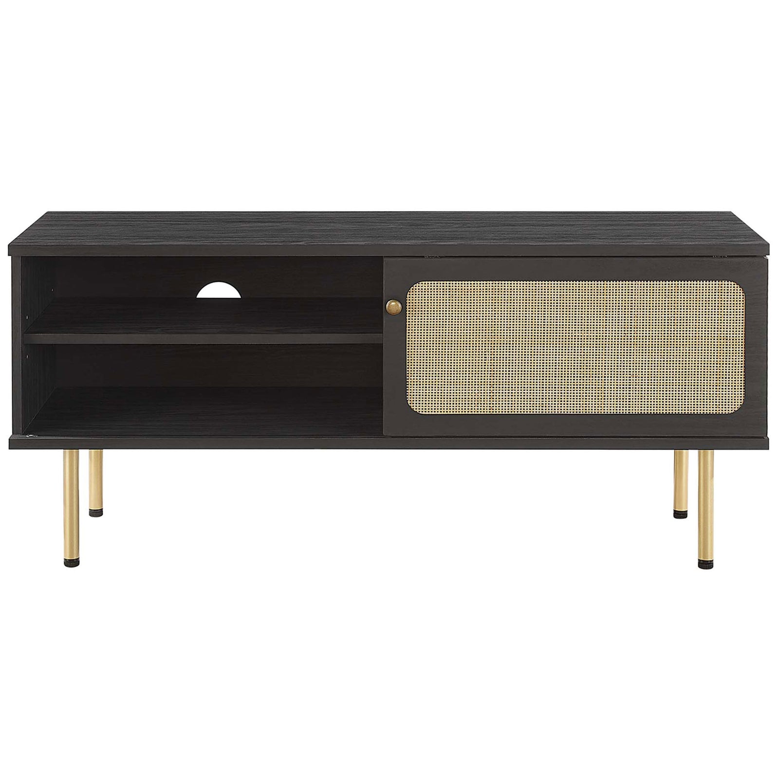Black TV stand with rattan sliding door, open media shelves, and slender gold legs. || EEI-6044-BLK || front_studio