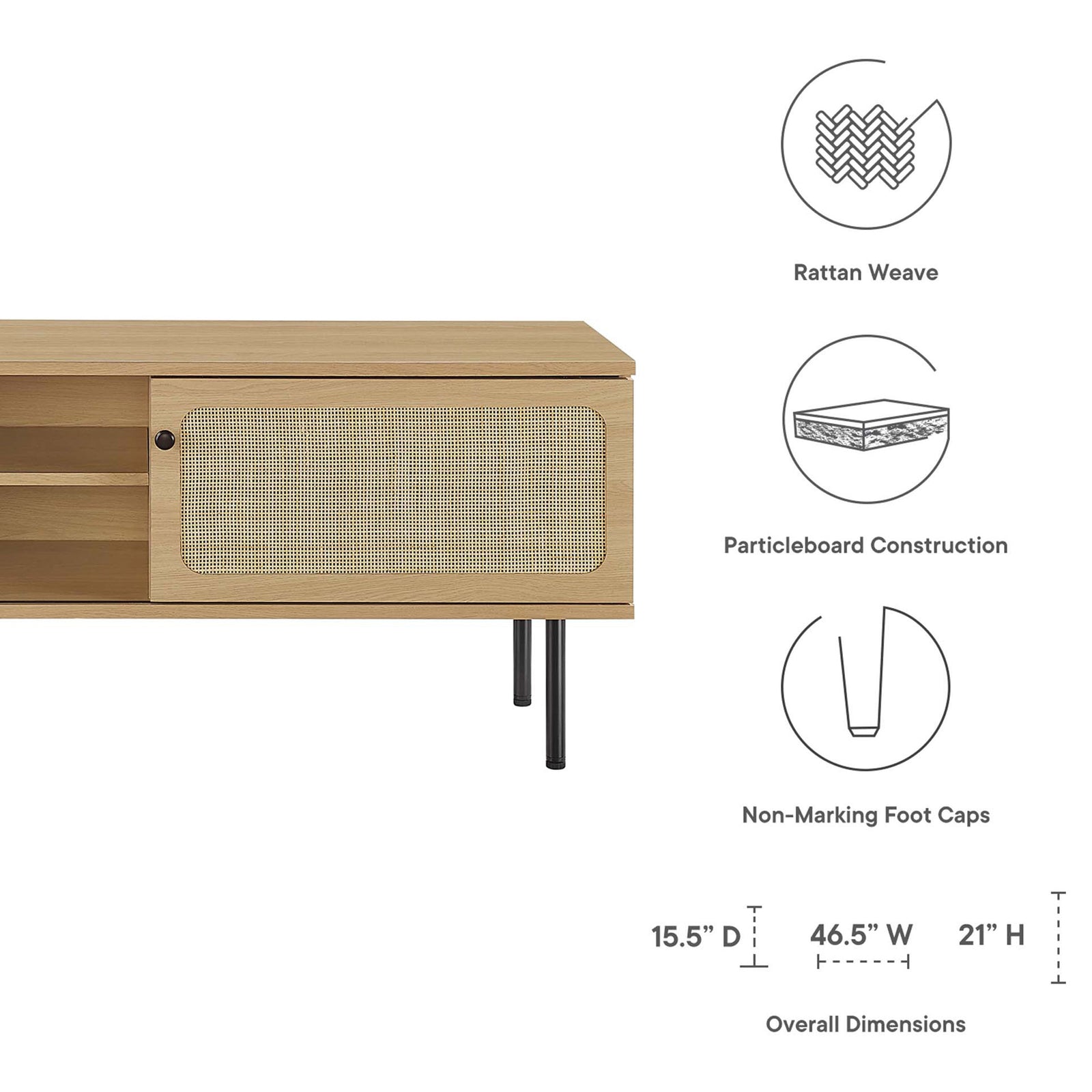Oak TV stand with rattan door, feature icons, and overall product dimensions displayed. || EEI-6044-OAK || dimension_studio