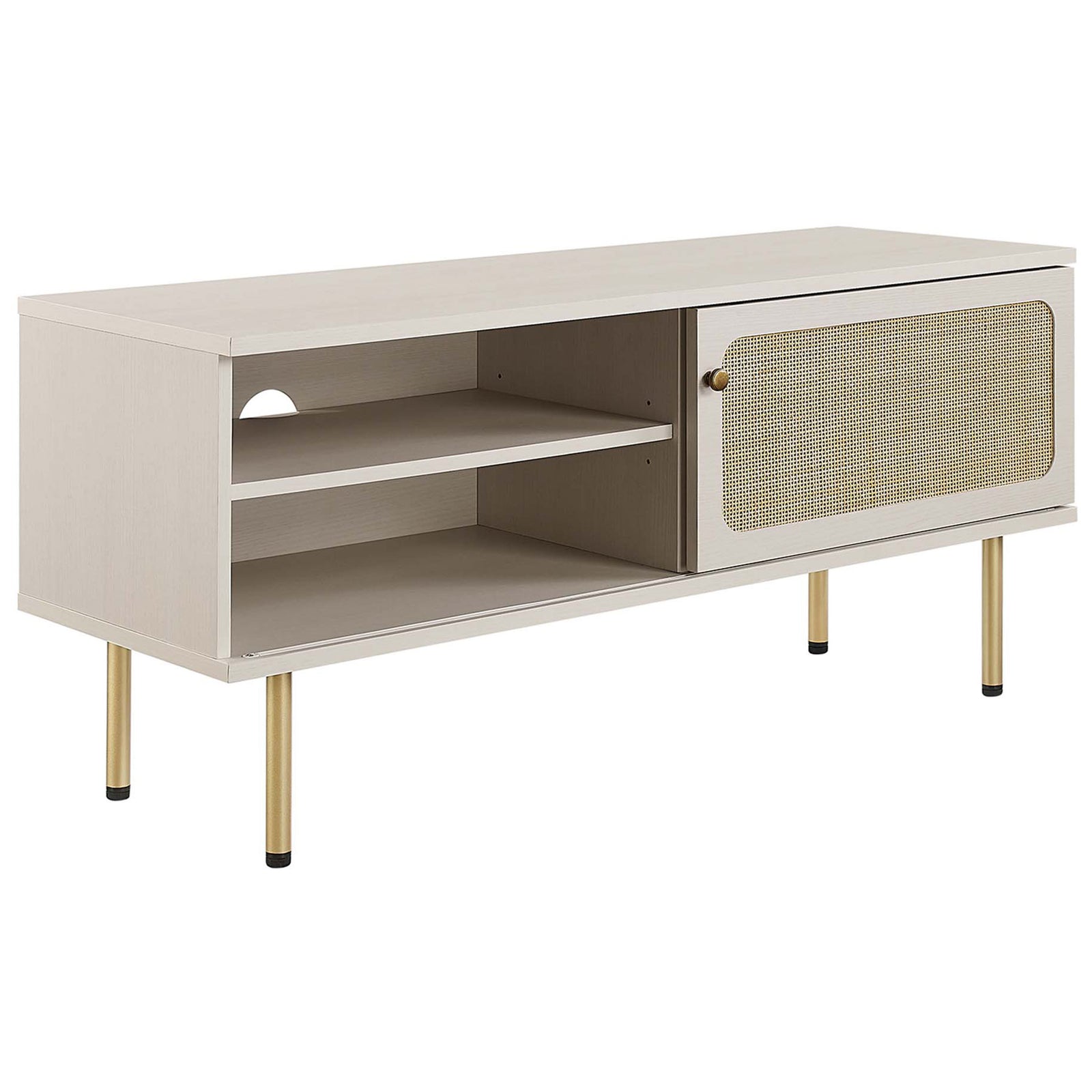 Modern white TV console featuring natural rattan door, cable cutout, and slim gold legs. || EEI-6044-WHI || front_angle_studio
