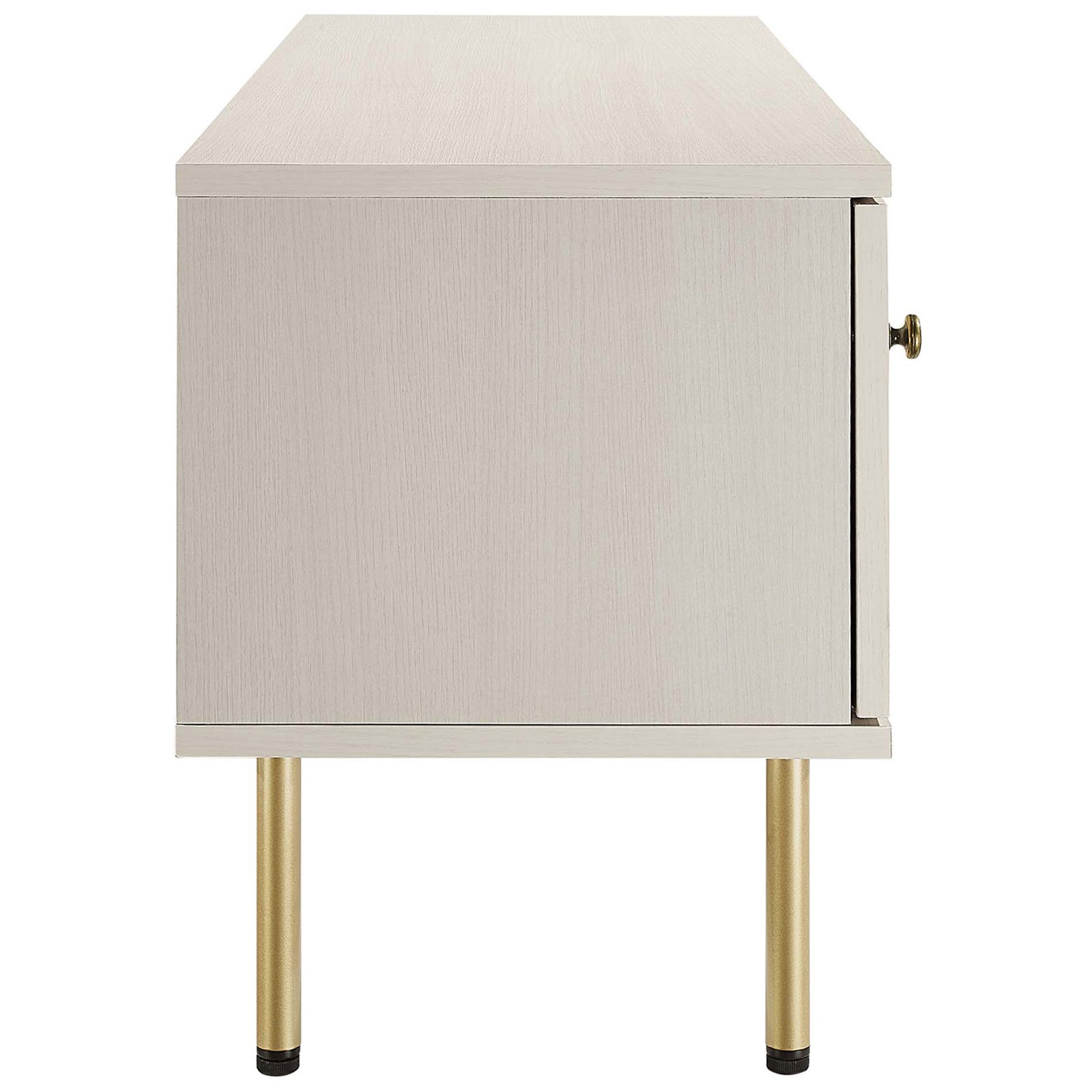 White TV stand showing clean side panel and tall cylindrical gold legs. || EEI-6044-WHI || side_studio