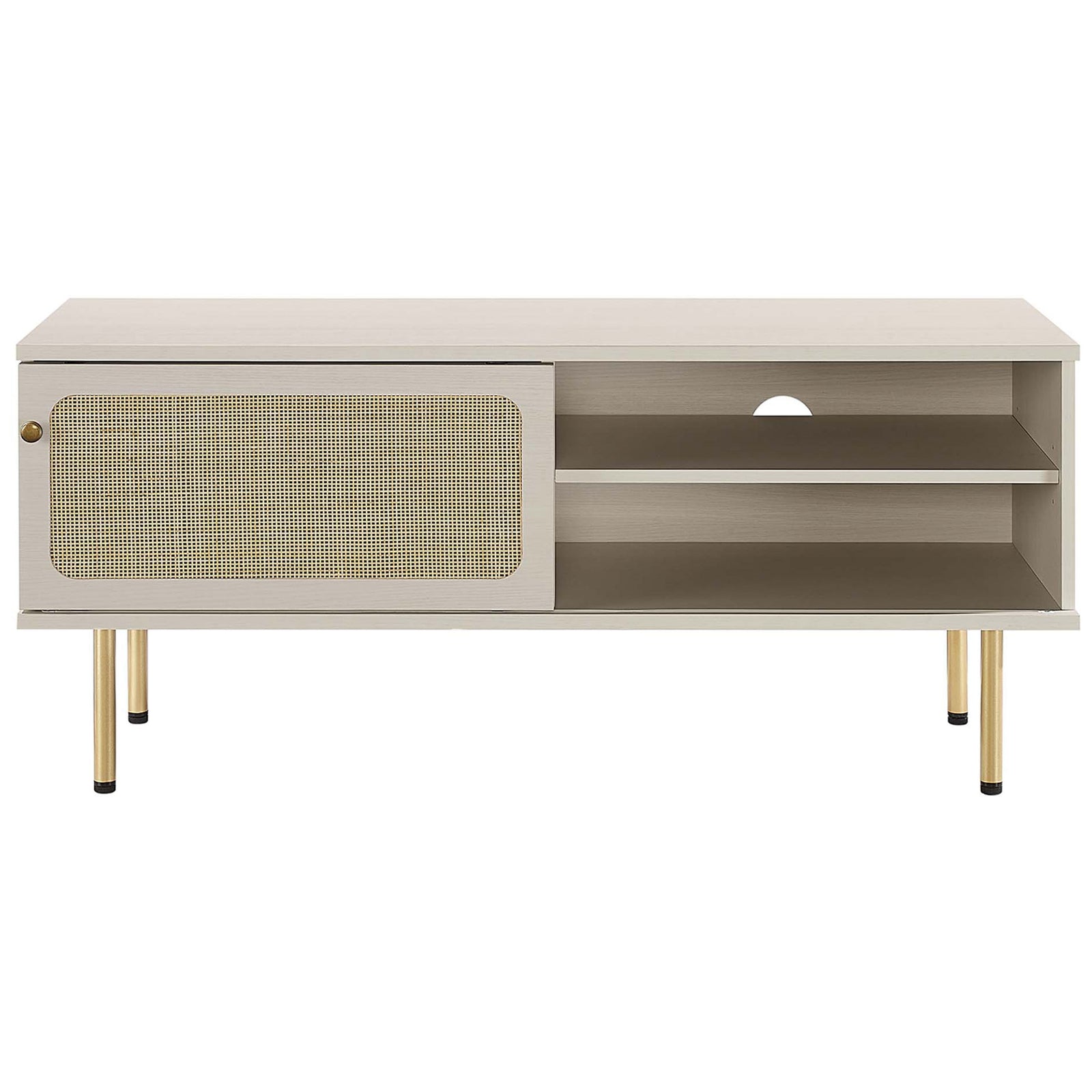 White media console with woven rattan door positioned to reveal generous shelving. || EEI-6044-WHI || front_studio